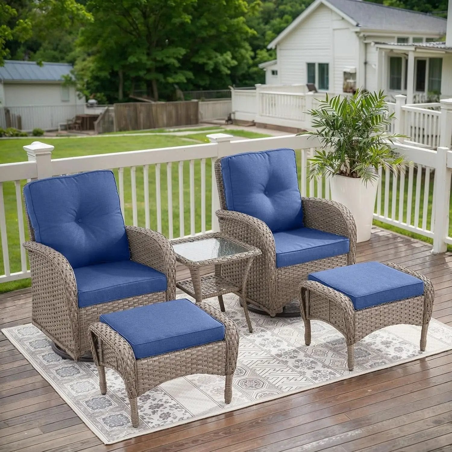 Outdoor Natural Wicker Swivel Patio Chairs Set With Glass Top Side Table from PriceLows™