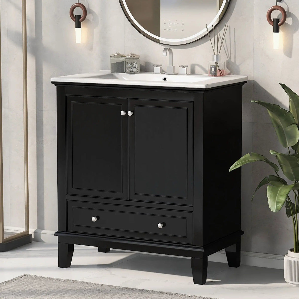 30" Bathroom Vanity With Sink Combo, Multi Functional Bathroom Cabinet With Doors | 30 x 18.3 x 34.05 in | Solid Wood & Metal | Black