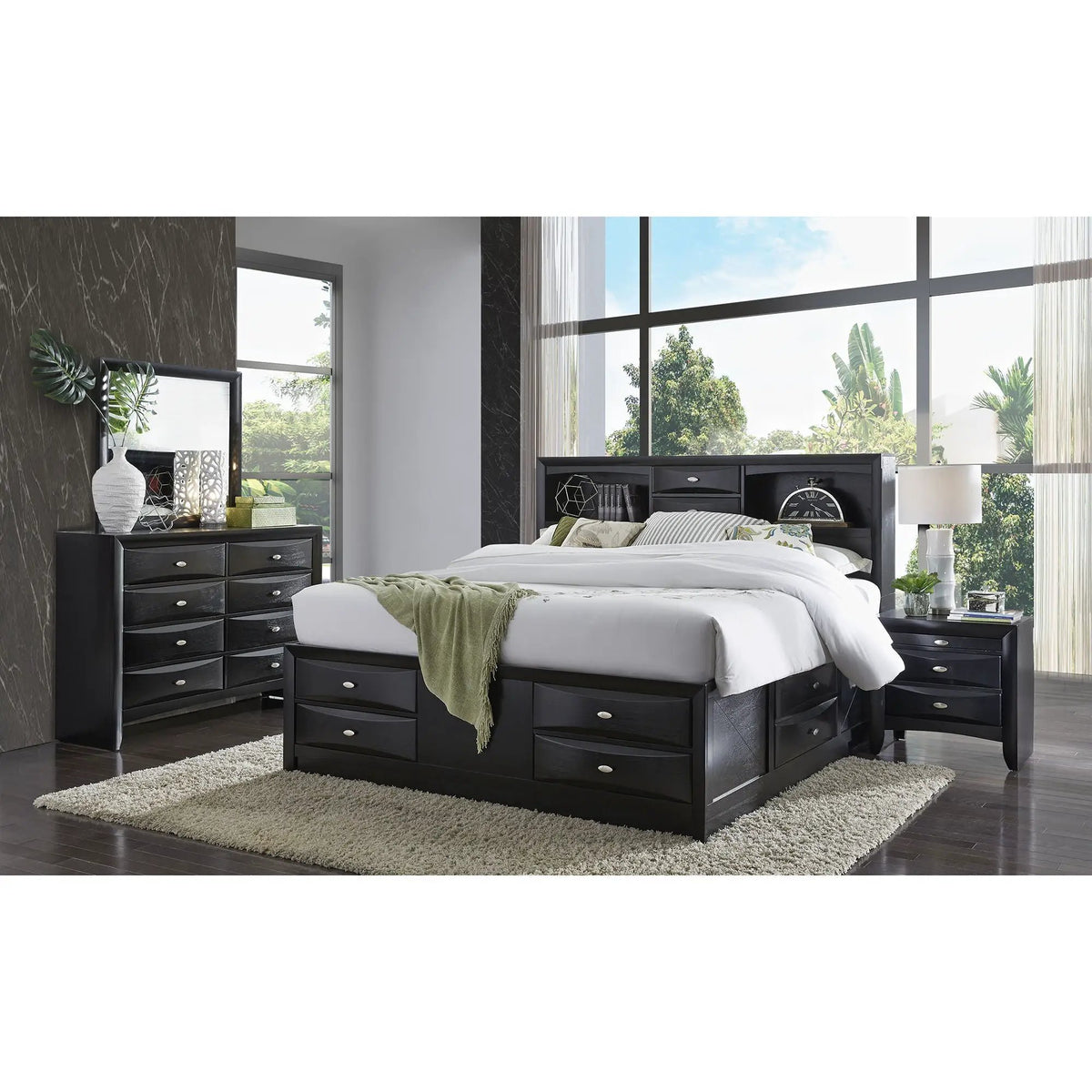Lucille Storage Bed | Bookcase Headboard | Six Drawers | Fully Slatted Design