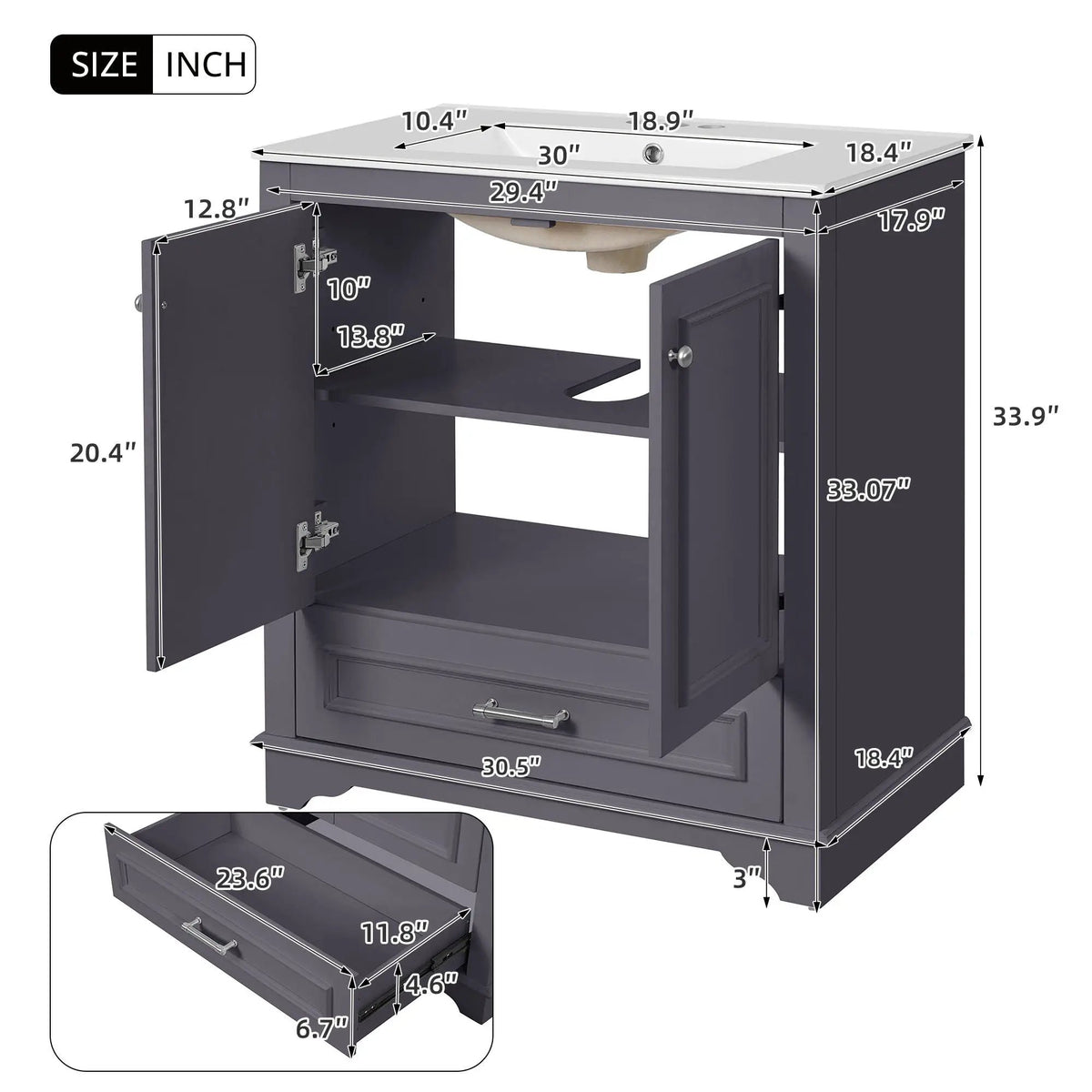 30 Inch Bathroom Vanity | Poplar Wood Frame | 2 Soft Closing Doors | Adjustable Shelf