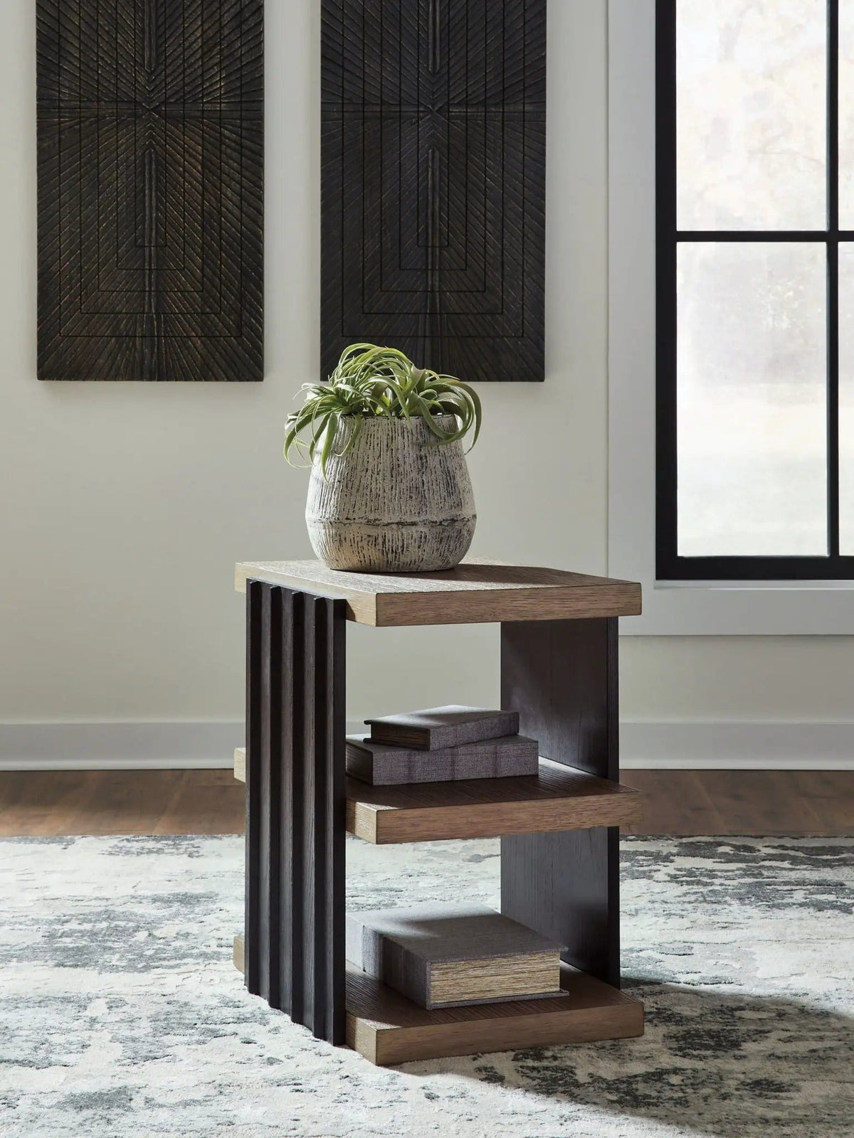 Rylandyn Rectangular End Table | 18.25 x 24 x 25 in | Oak Veneer & Mdf | Black / Light Brown