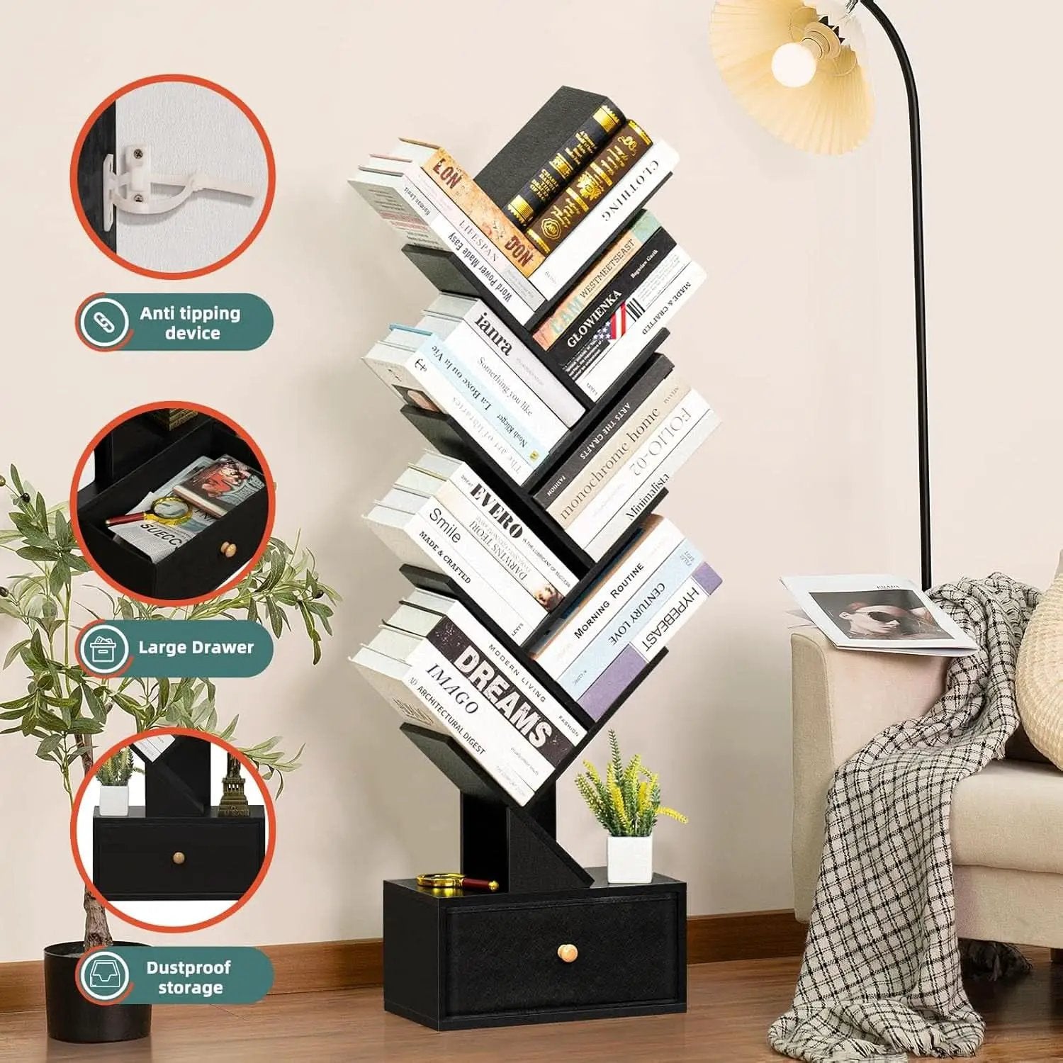 8 Tier Tree Bookshelf Drawer Freestanding Black Bookcase from PriceLows™