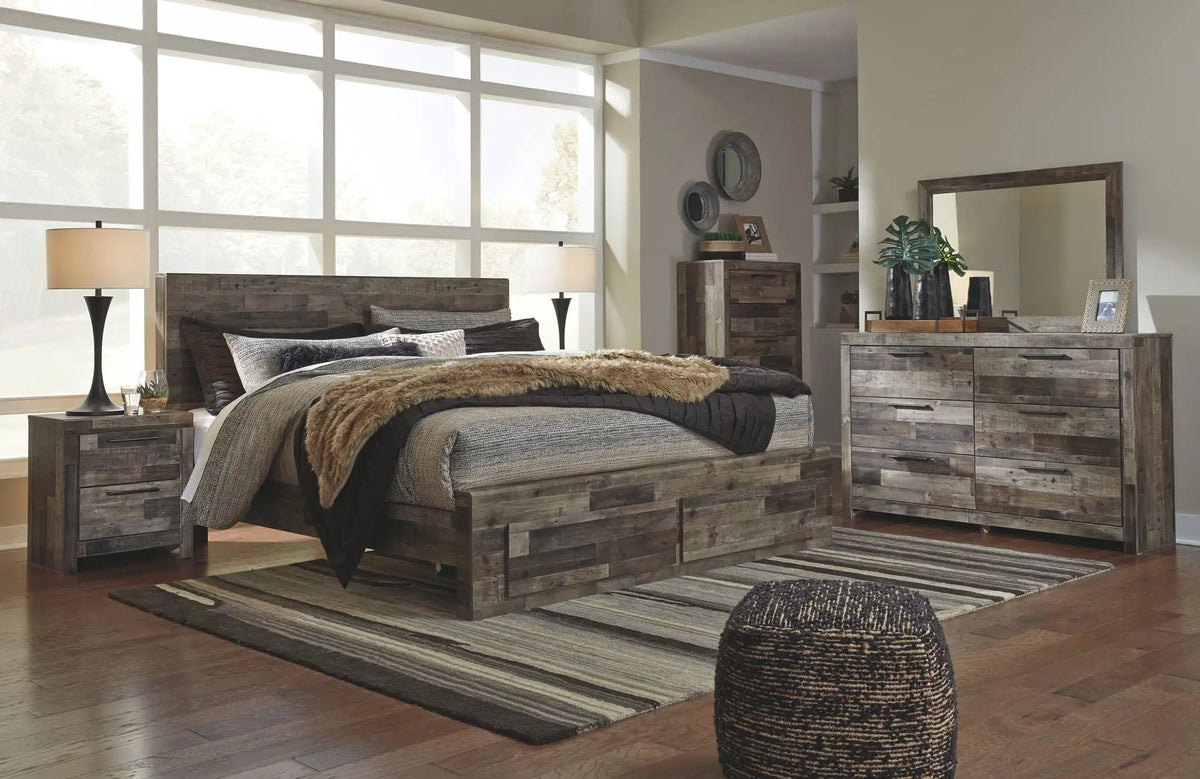 Derekson Panel Bedroom Set | 4-Piece | Rustic Butcher Block Finish | Replicated Pine Grain