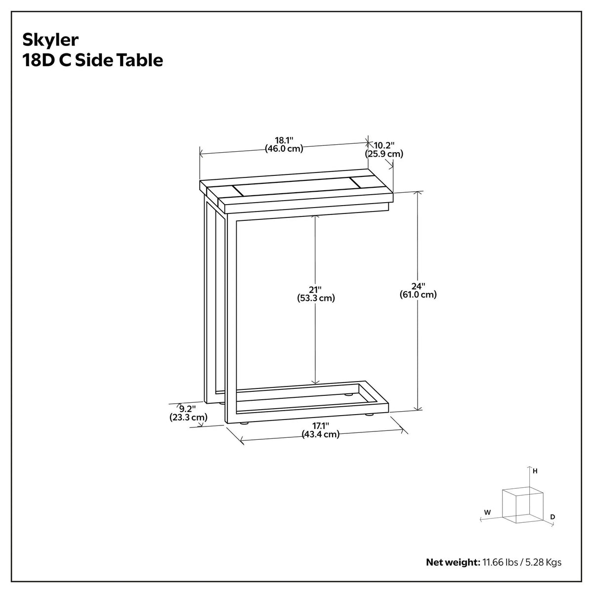 Skyler C-Shaped Side Table | Handcrafted | Powder-Coated Metal Base | Slide-Under Design