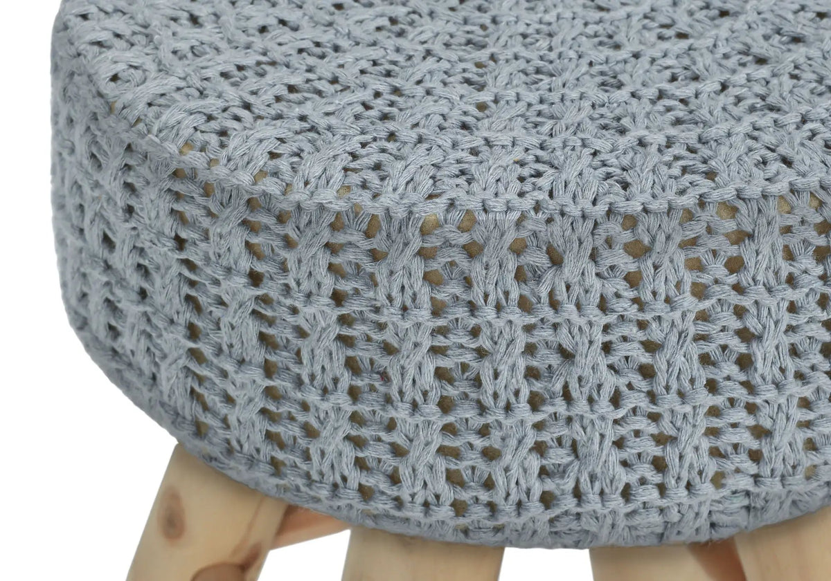 Round Ottoman Pouf | Padded Knit Seat | Natural Wood Legs | Contemporary Style