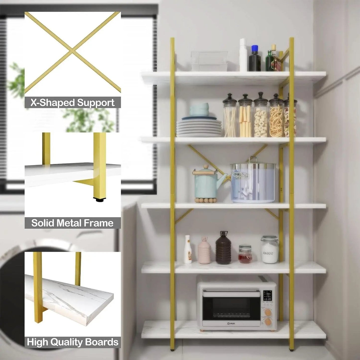 Five Tier Bookshelf Organizer White Faux Marble Metal Open Display from PriceLows™