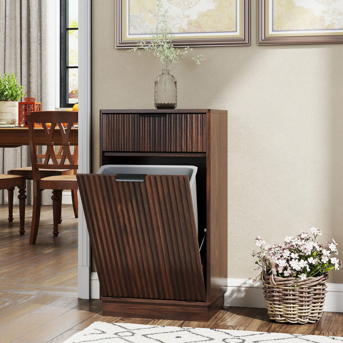 Tilt Out Trash Can Cabinet | Wave Textured Drawer | Pull Out Bin | Dual-Zone Waste Control