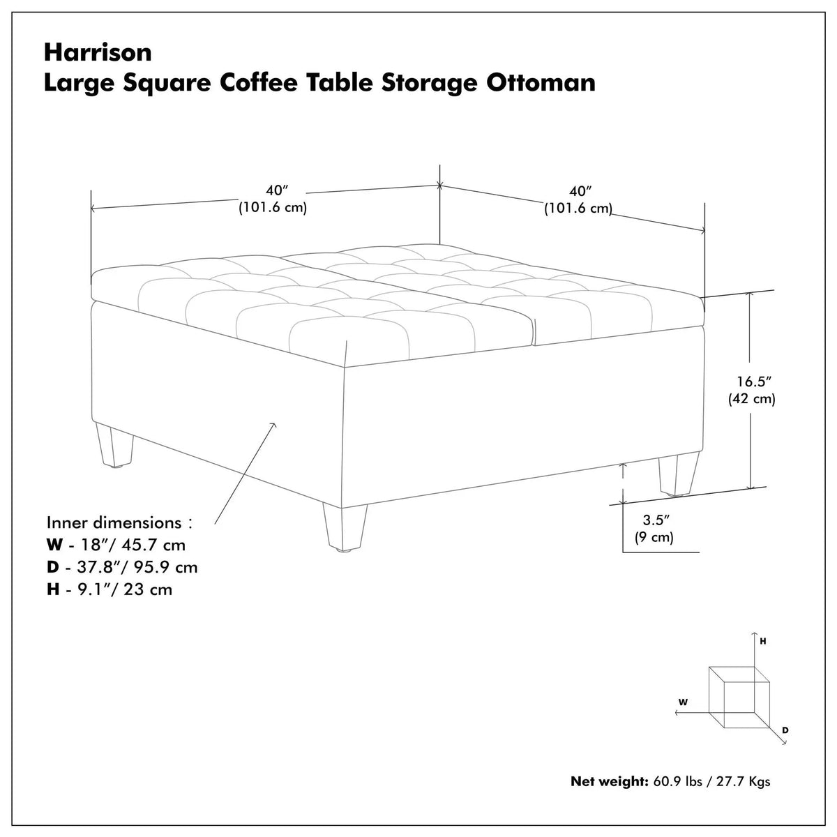 Coffee Table Storage Ottoman | Lift Top Hinge | Solid Wood Base | Large Square
