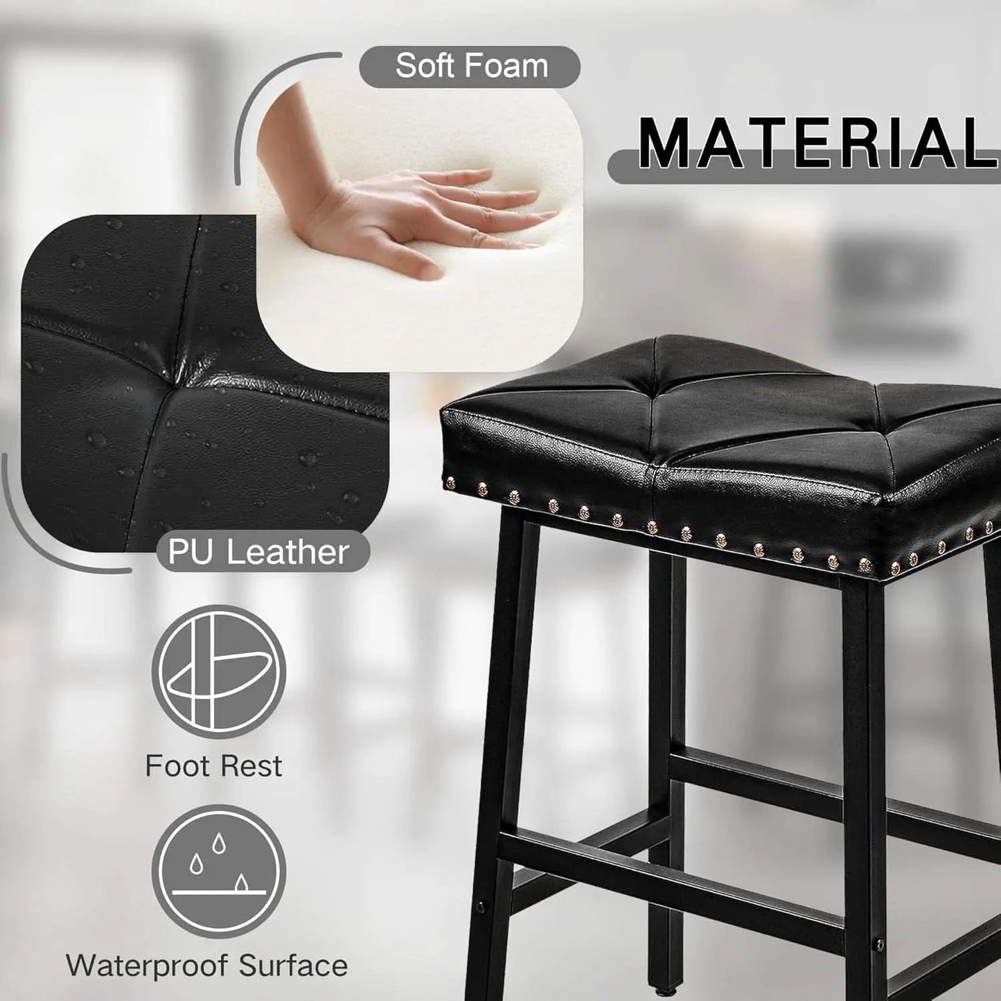 25 Inch Counter Height Bar Stools Set Of 2 In Black With PU Upholstered Saddle Seats For Comfort from PriceLows™
