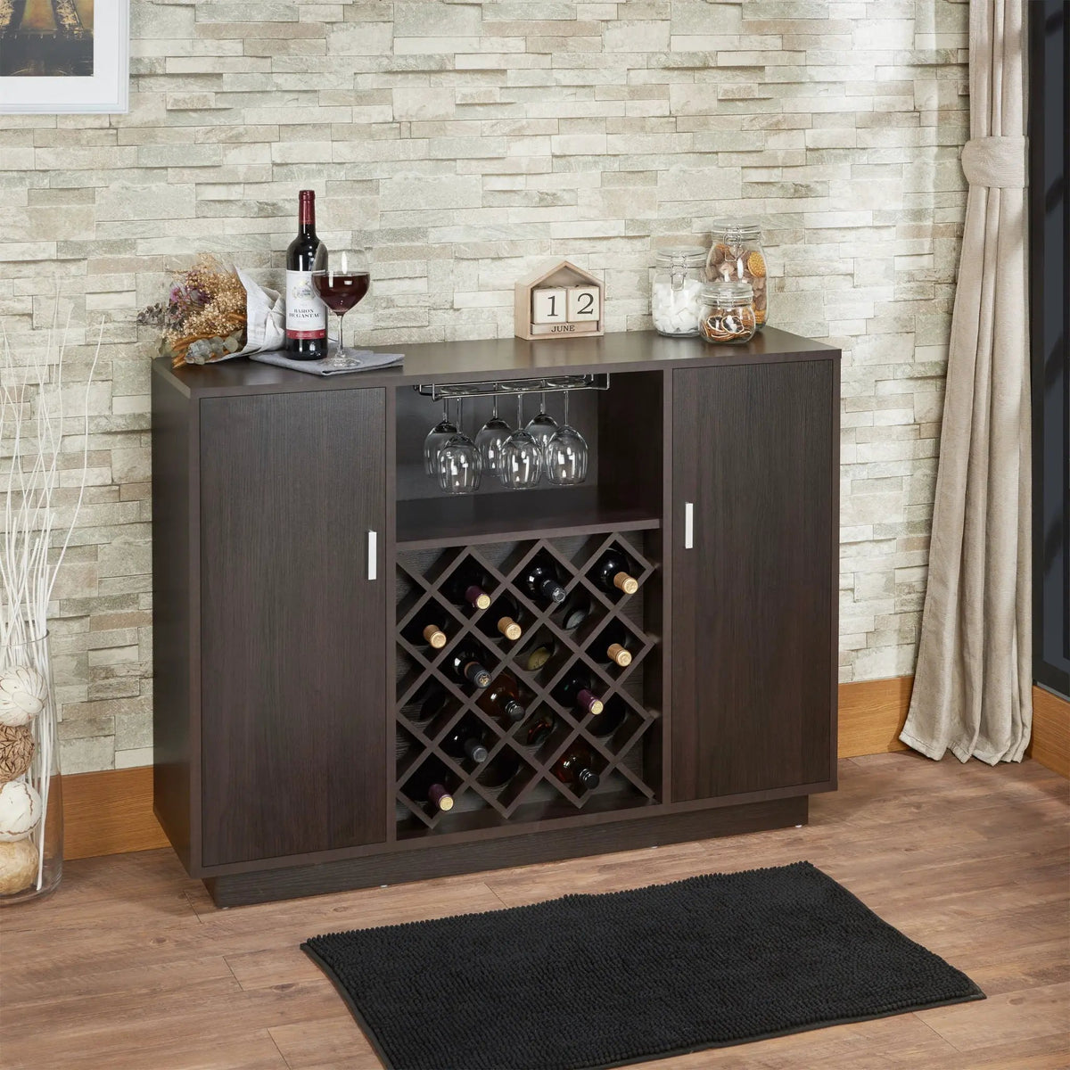 Hazen Wine Cabinet | Espresso Finish | Holds 18 Bottles | Stemware Holder