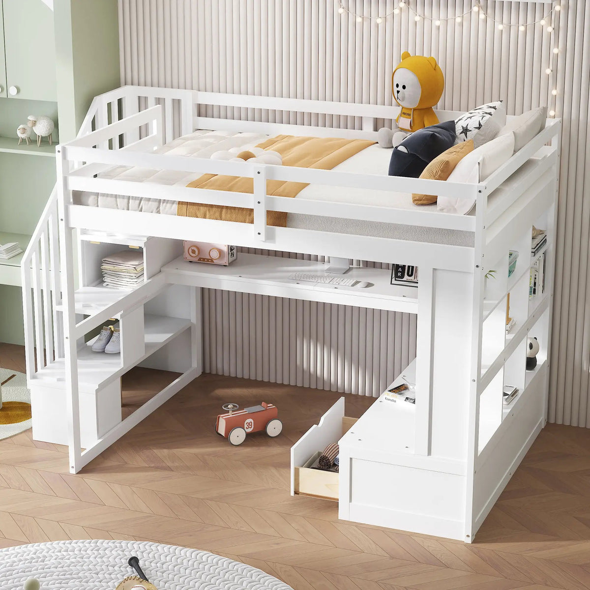 Full Size Loft Bed | Desk And Shelves | Storage Staircase | White