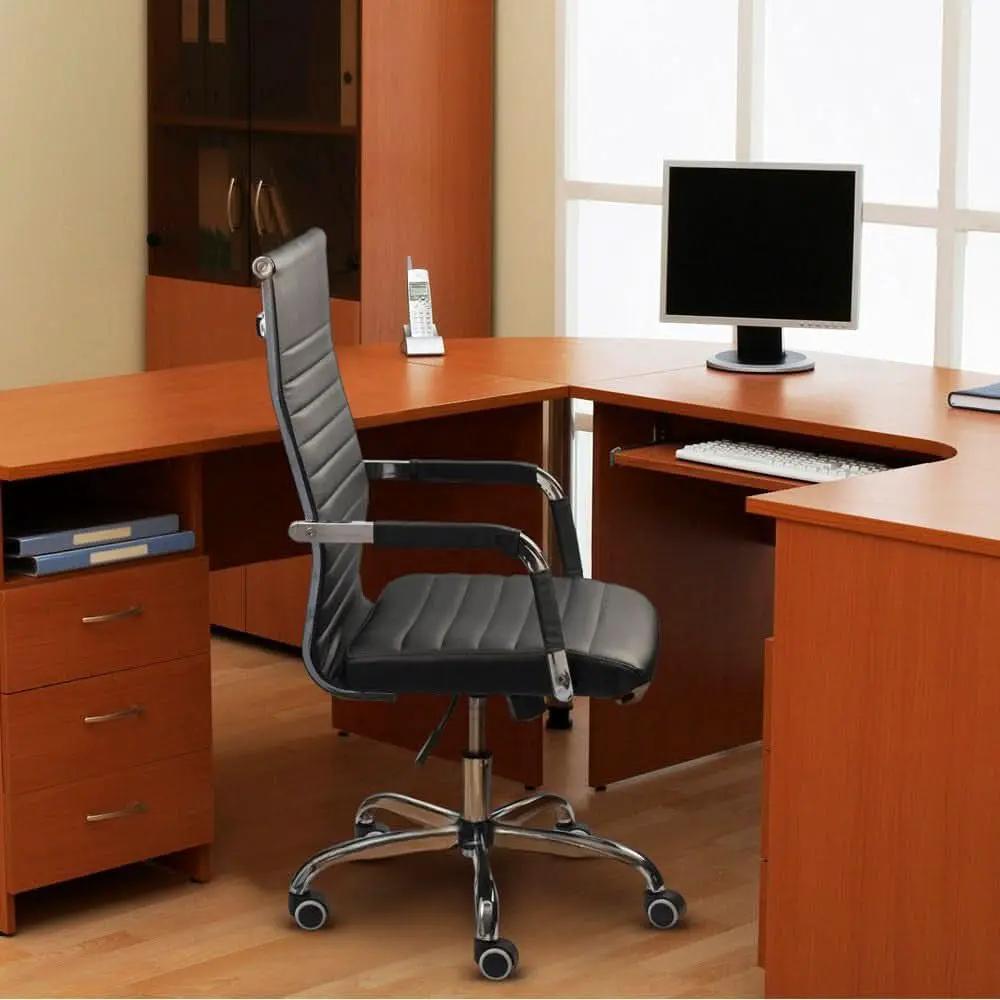 Ribbed Mid Back PU Leather Desk Chair Adjustable Black from PriceLows™