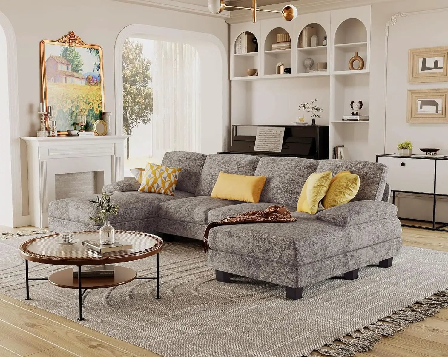 Grey Linen U Shaped Sectional Sofa Couch 4 Seat With Double Chaise from PriceLows™