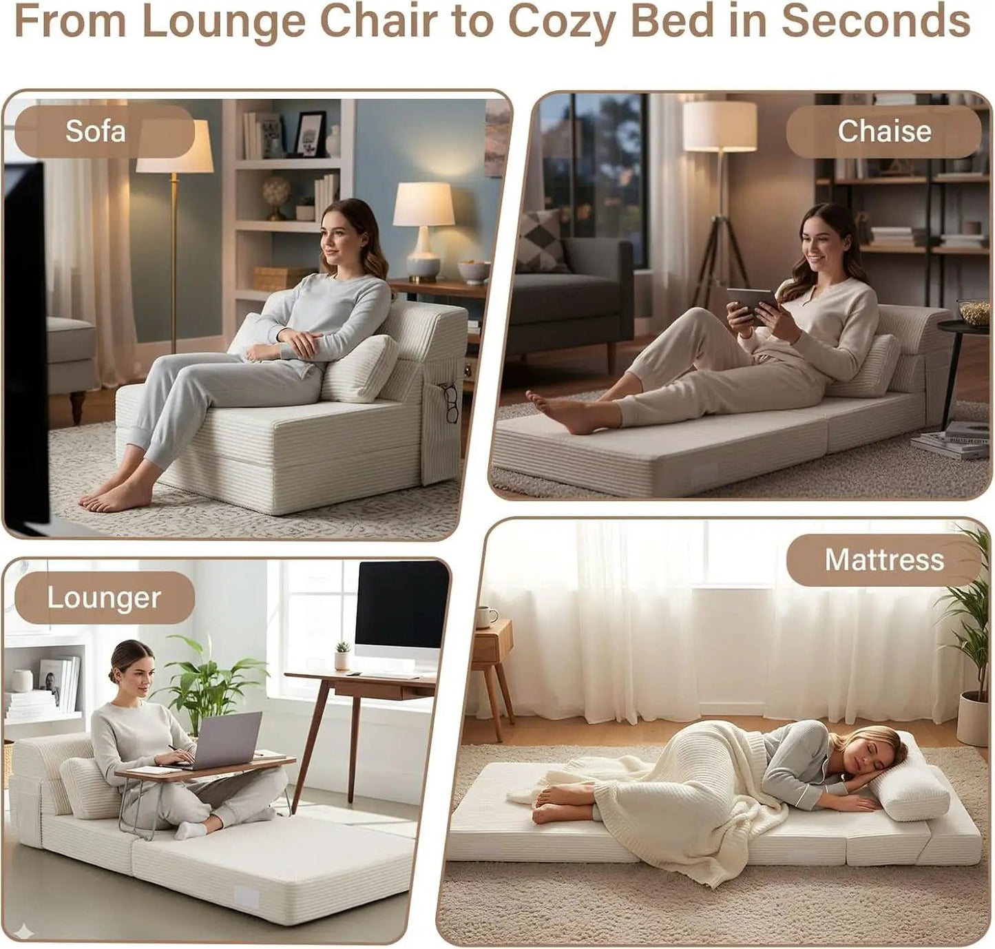 Beige Upholstered Folding Sofa Bed Convertible Floor from PriceLows™