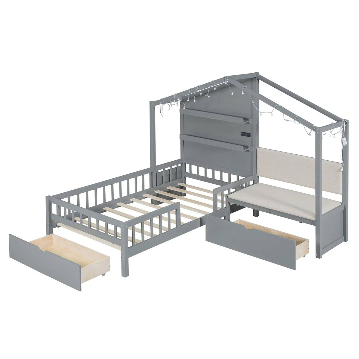 House Bed With Upholstered Sofa, Wireless Charging Station, Shelves And 2 Drawers | 2 Pieces | 2-Drawer | Bedroom