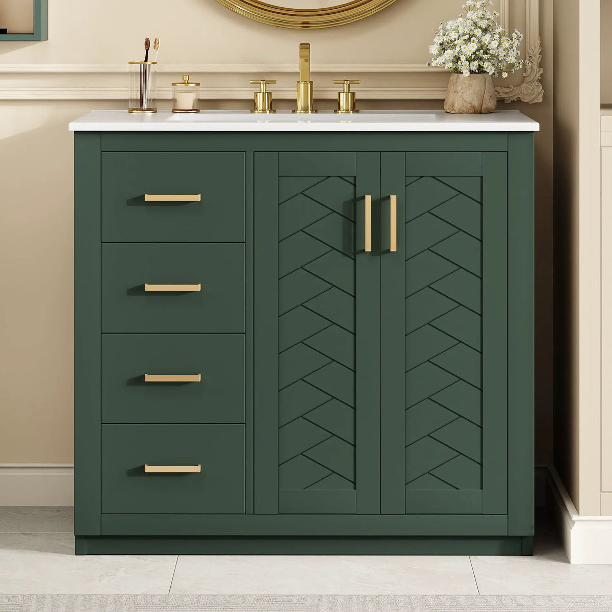 36 Inch Bathroom Vanity | Ceramic Sink Combo | 3 Drawers | Soft Closing Doors
