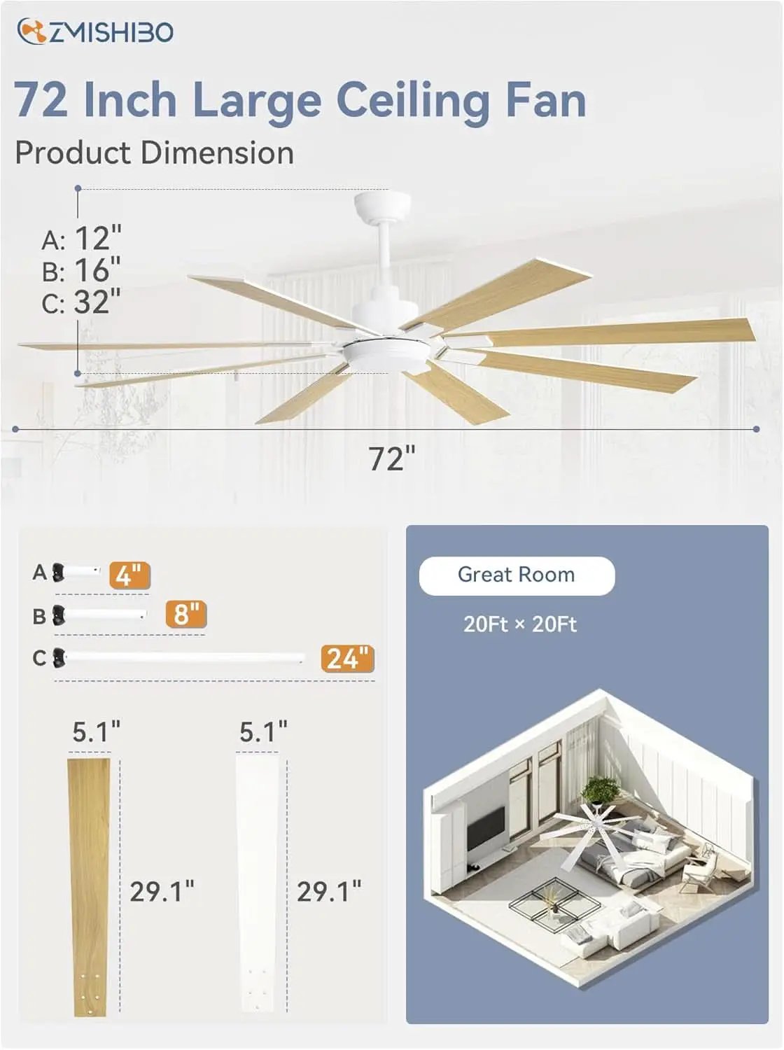 72 Inch White Ceiling Fan With Lights And Remote DC Motor from PriceLows™