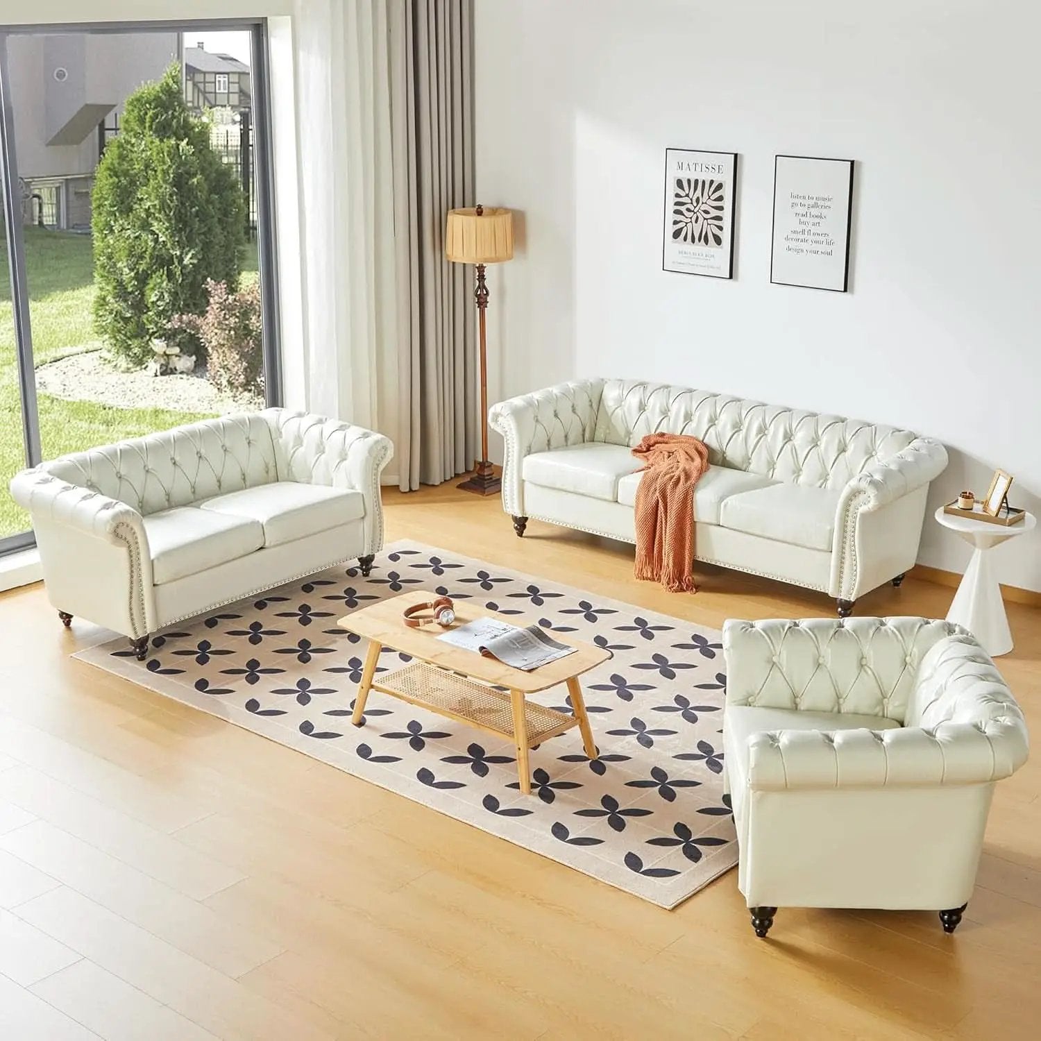 2 Piece Chesterfield Faux Leather Living Room Set Loveseat And Chair With Scroll Arms And Nailhead White from PriceLows™
