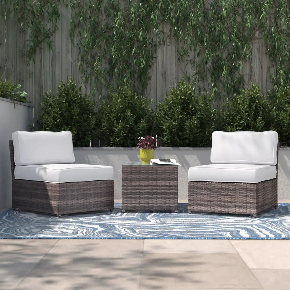 Modern Wicker Outdoor Seating Set | 3-Piece | Glass-Top Coffee Table | 5 Inch Cushions