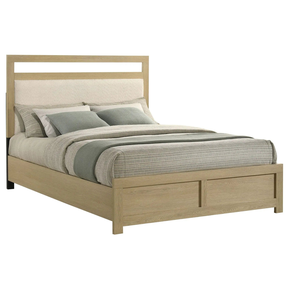 Hendricks Queen Panel Headboard Platform Bed | 62.5 x 84.75 x 51.25 in | Engineered Wood & Boucle | Light Oak