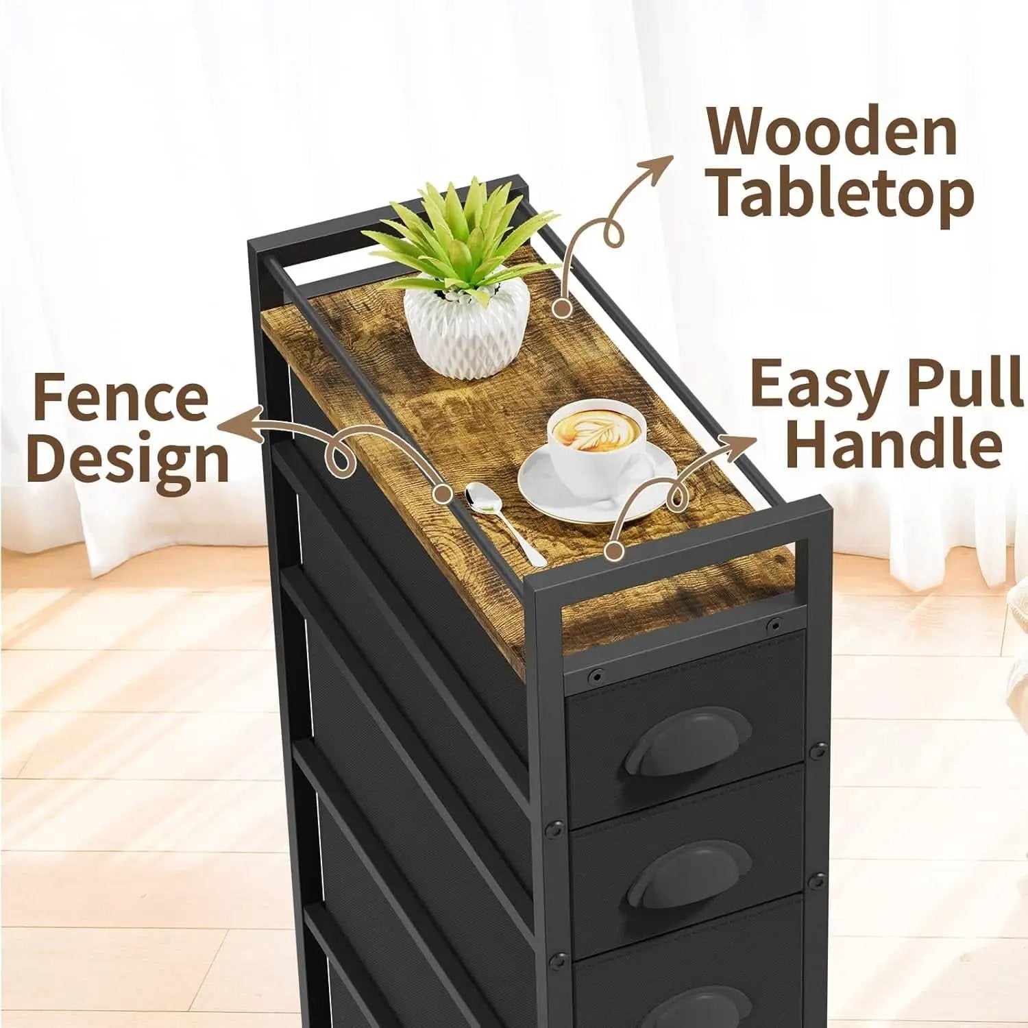 Black SlimStorage Narrow Five Drawer Dresser On Wheels from PriceLows™
