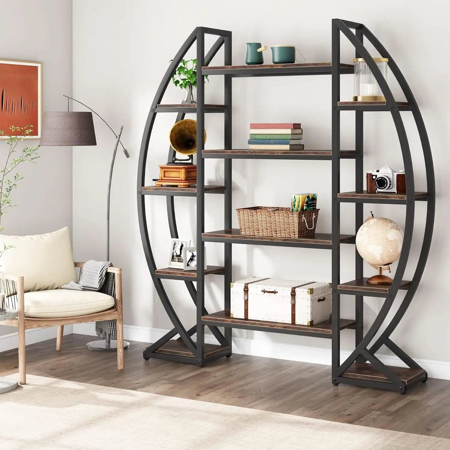 Oval 55 Inch Brown Industrial Display Etagere Bookcase from PriceLows™