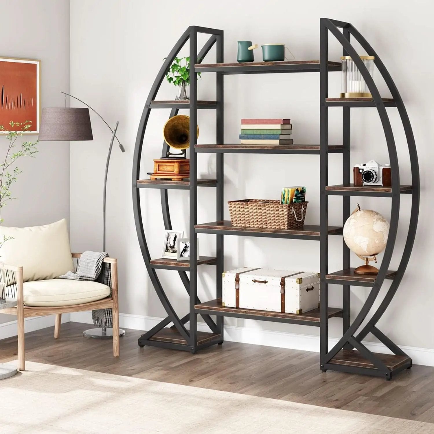 Oval 55 Inch Brown Industrial Display Etagere Bookcase from PriceLows™