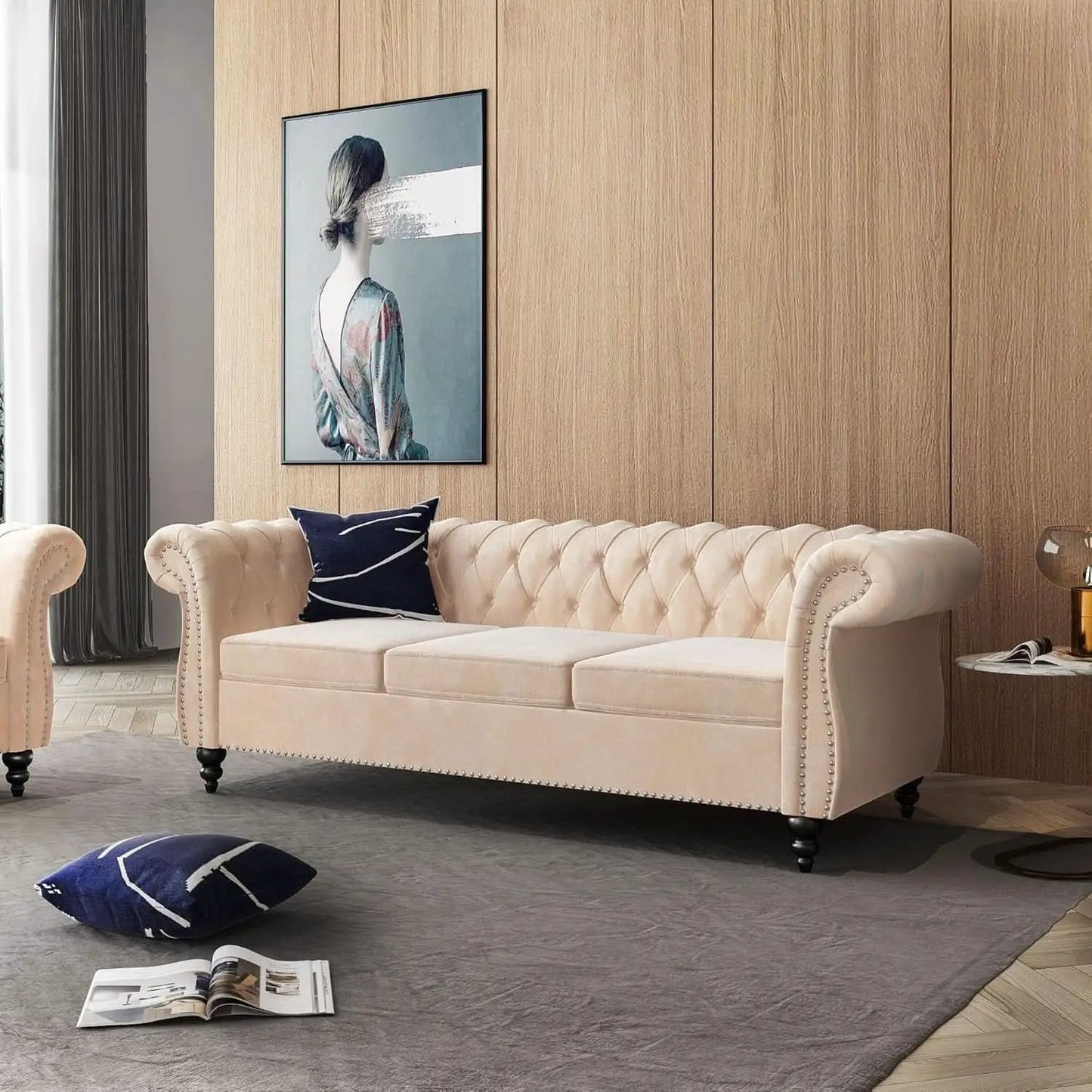 Beige Velvet Sectional Sofa Set With Button Tufting from PriceLows™
