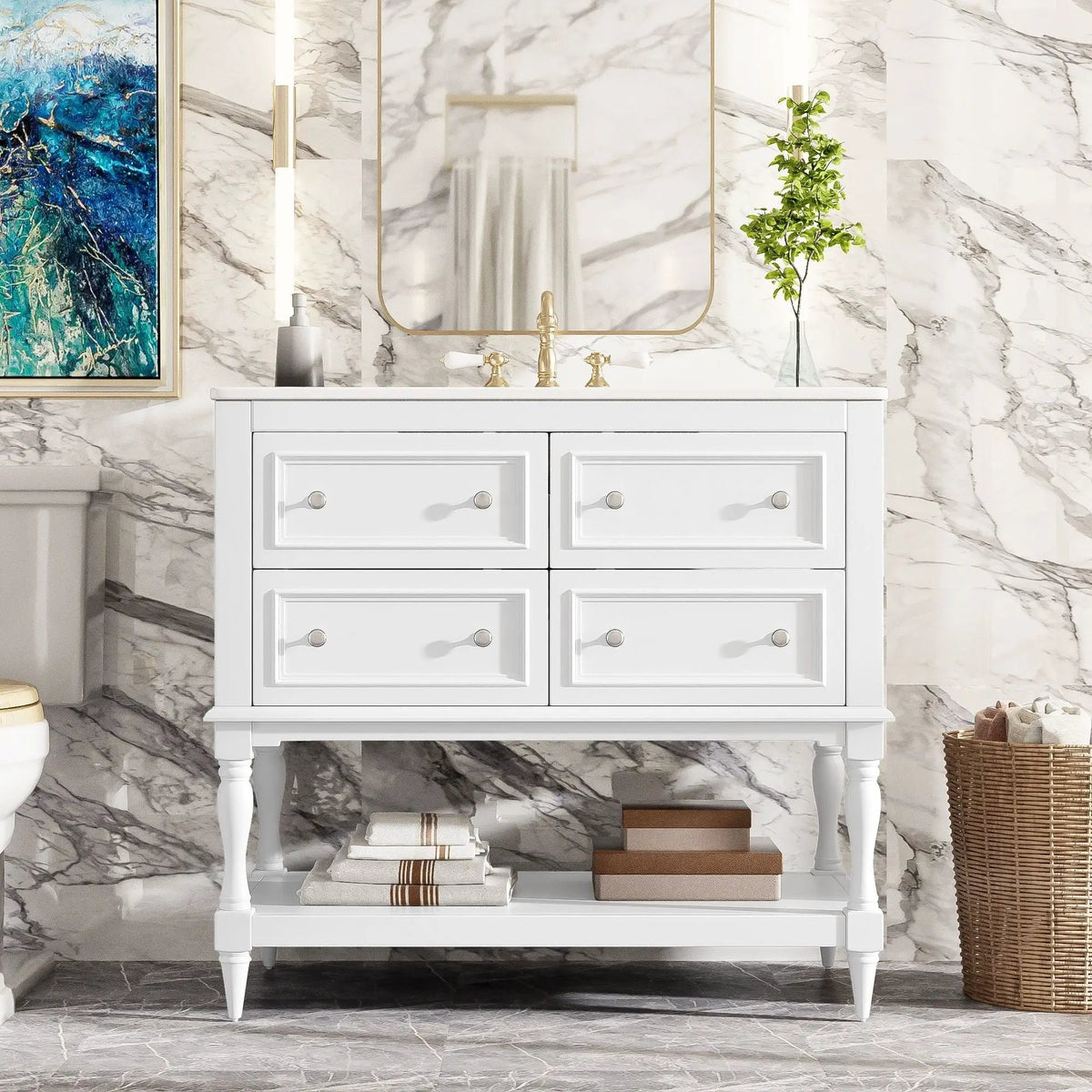 36 Inch Bathroom Vanity With Undermount Sink | 4 Extension Drawers | Solid Wood Frame | Ceramic Sink
