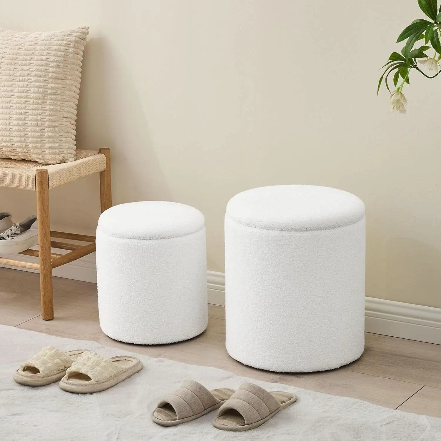 White Round Boucle Velvet Upholstered Storage Ottoman from PriceLows™