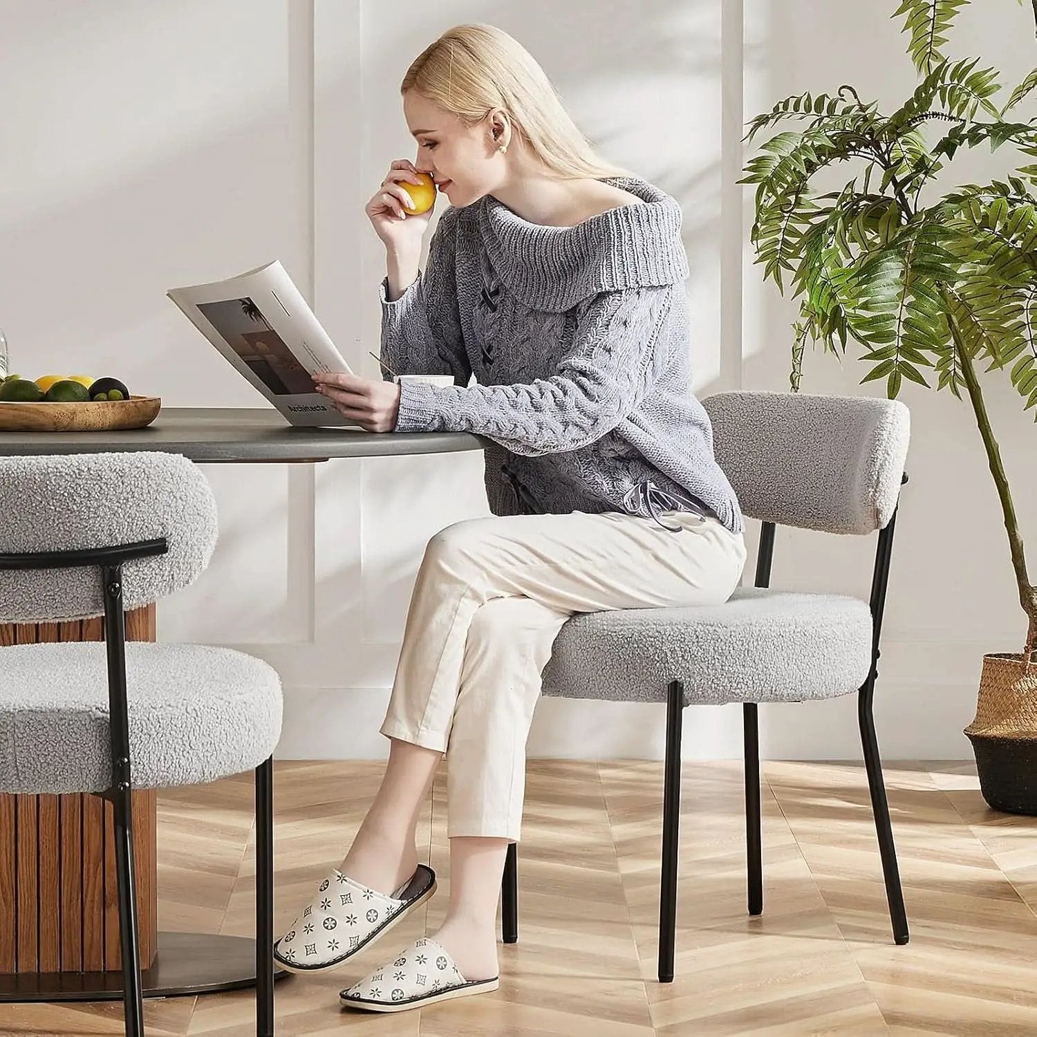 Boucle Upholstered Dining Chairs Set Of 4 With Curved Backrest Metal Legs Grey from PriceLows™