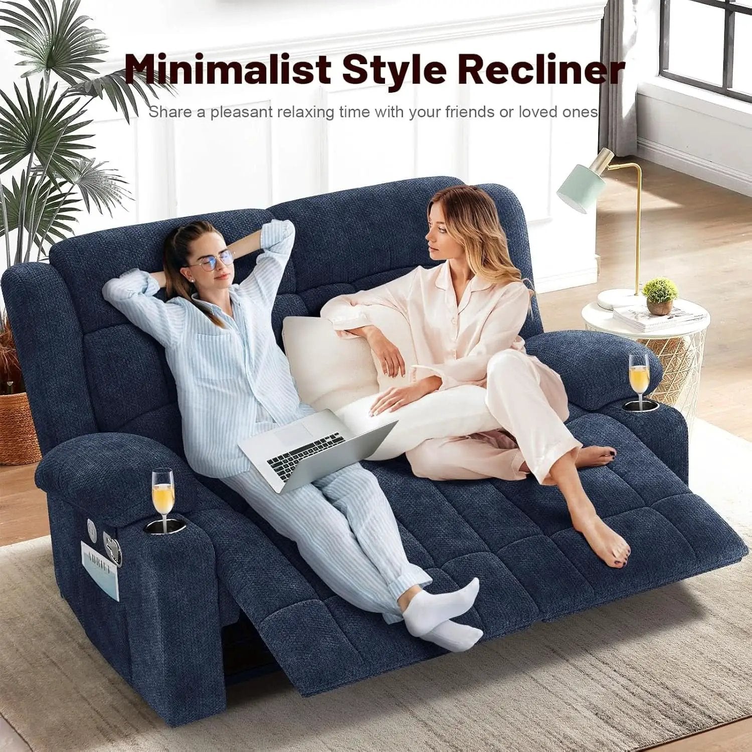 Blue Fabric Reclining Loveseat With USB Ports For Living Room from PriceLows™