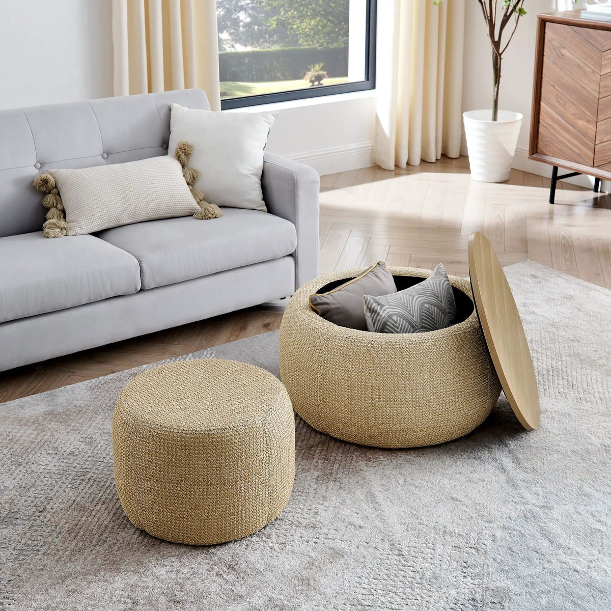 Round Storage Ottoman | Pleated Fabric | Removable Lid