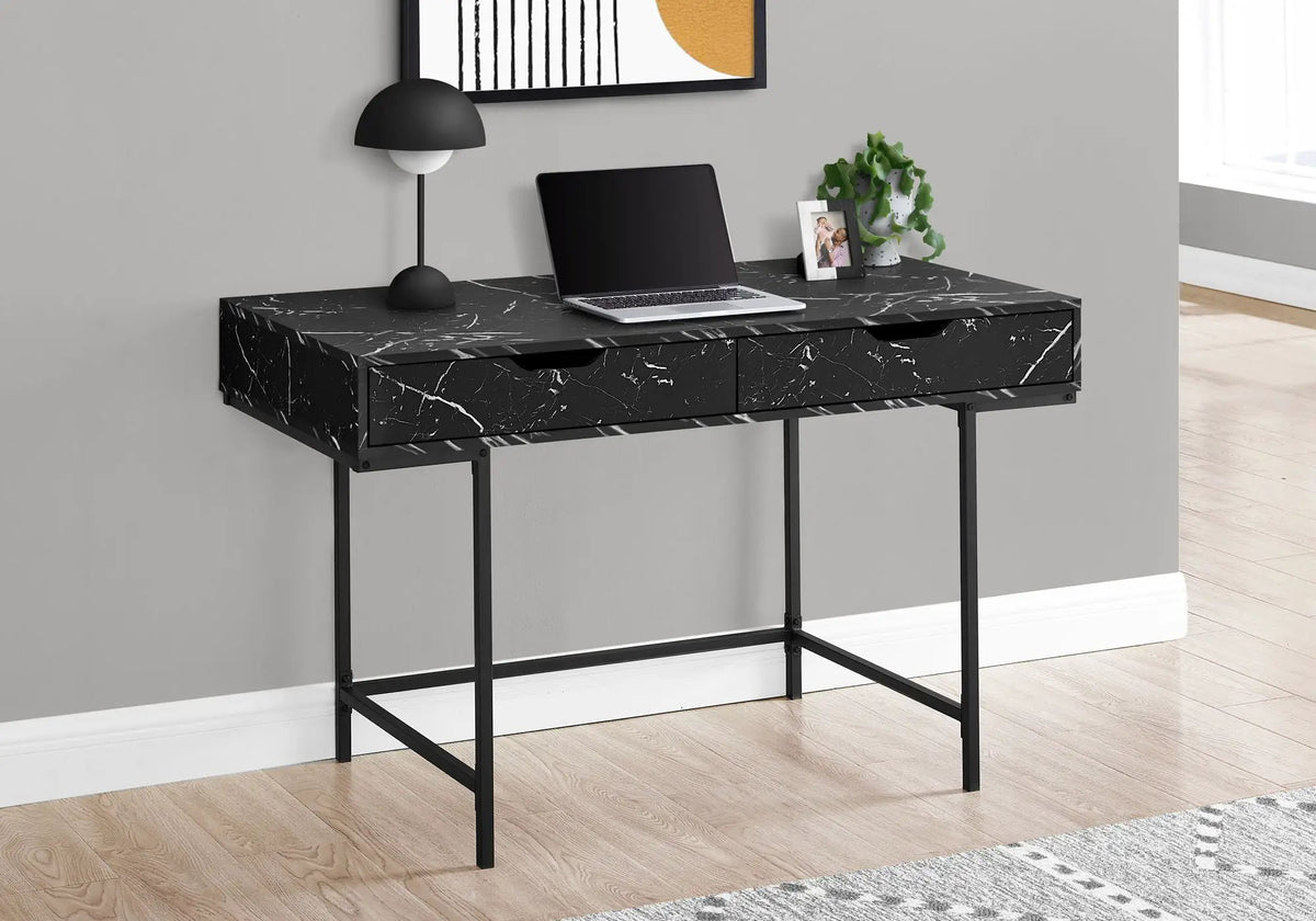 Marble Look Computer Desk | Two Wide Handle Drawers | Contemporary Modern Design | 47.25 Inch Length