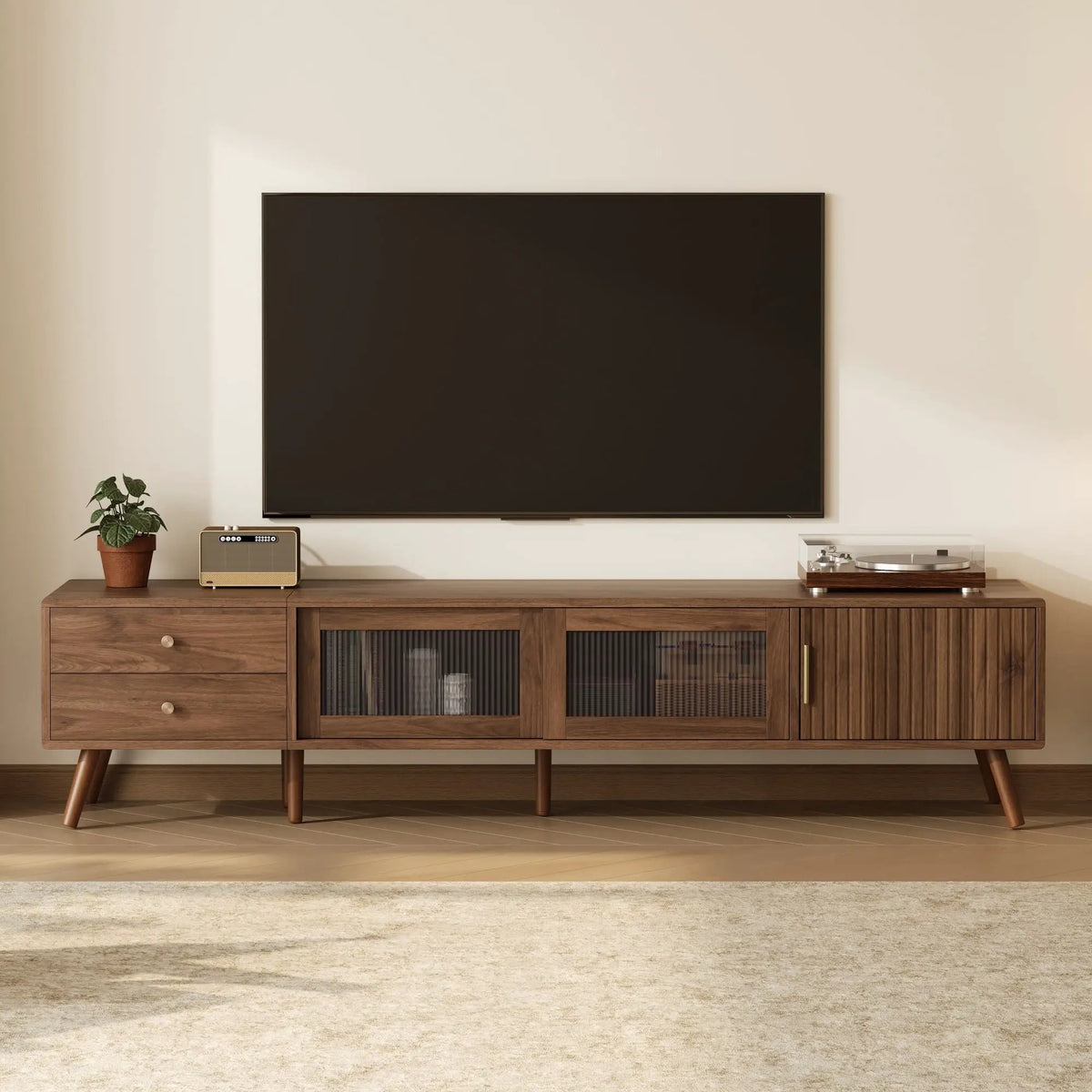 76 Inch TV Stand | Tempered Glass Doors | Two Deep Drawers | Natural Wood Legs