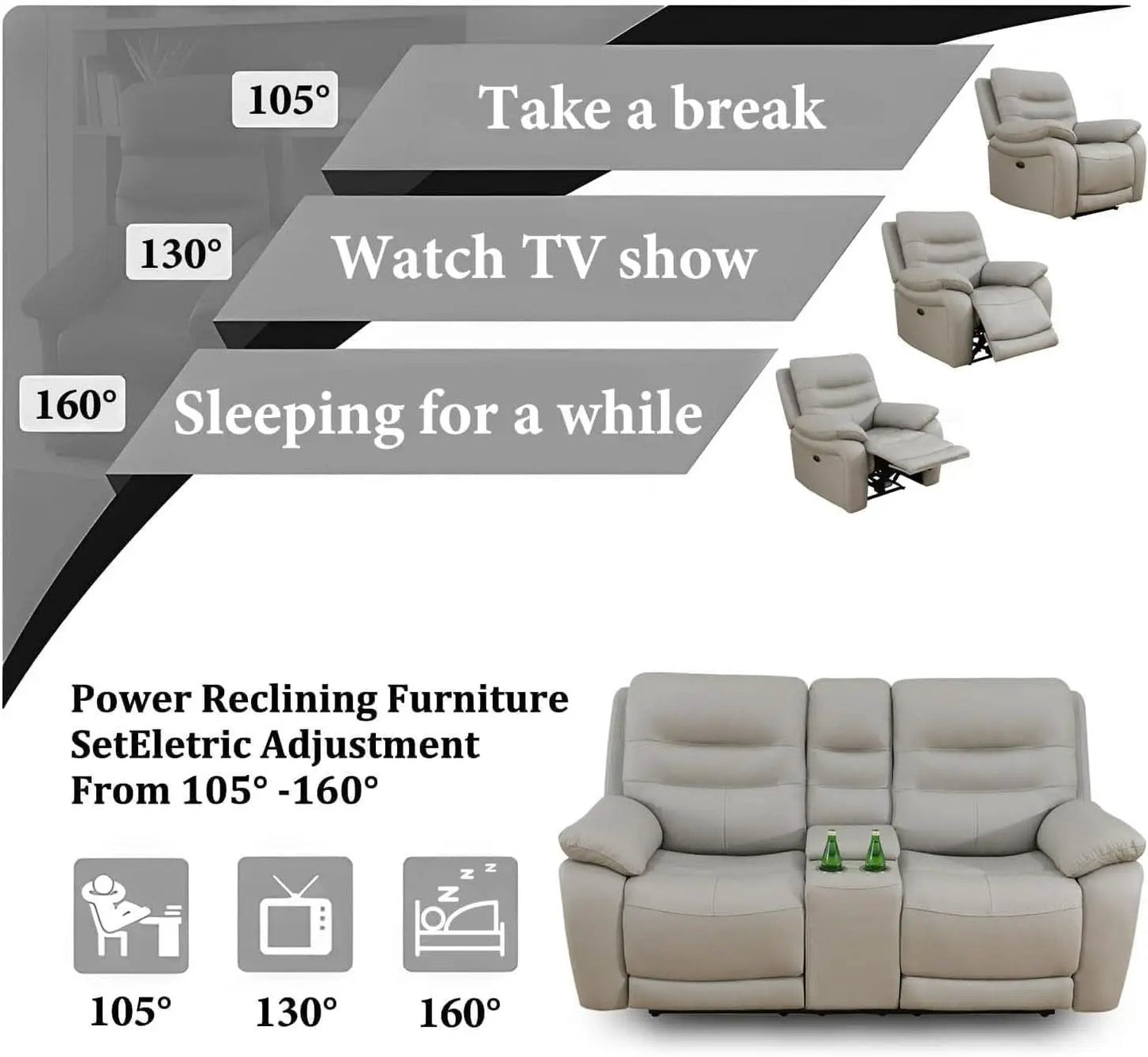 Genuine Leather Power Recliner Sofa Set 3 Piece Light Grey from PriceLows™