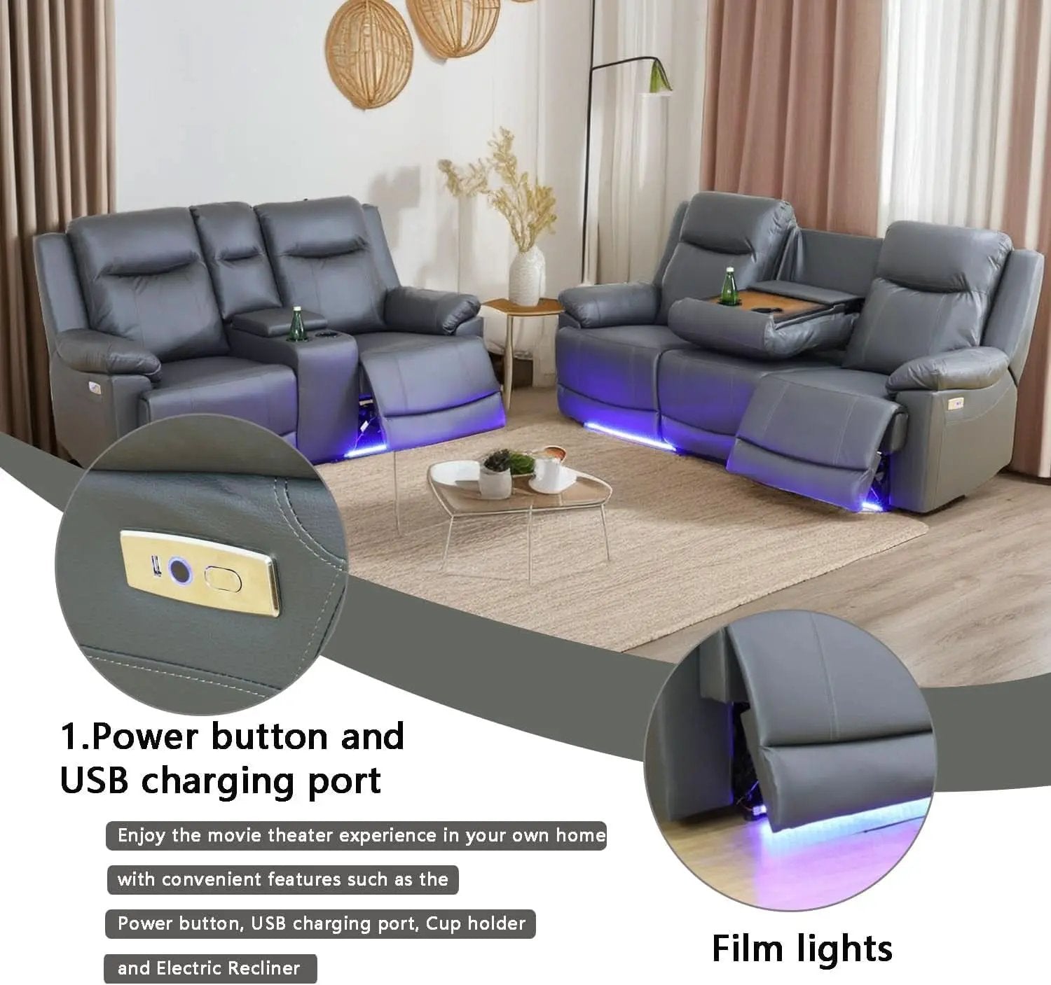 Power Leather Recliner Sofa Set Grey LED Lights Modern from PriceLows™