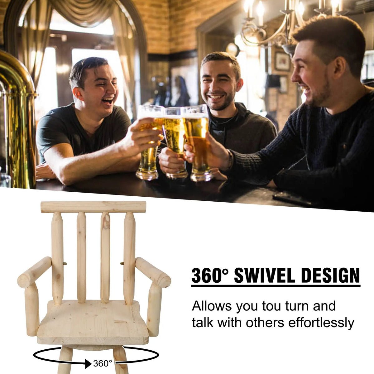 Rustic Bar Stool | 360 Degree Swivel | Fir Wood | Wide Armrest