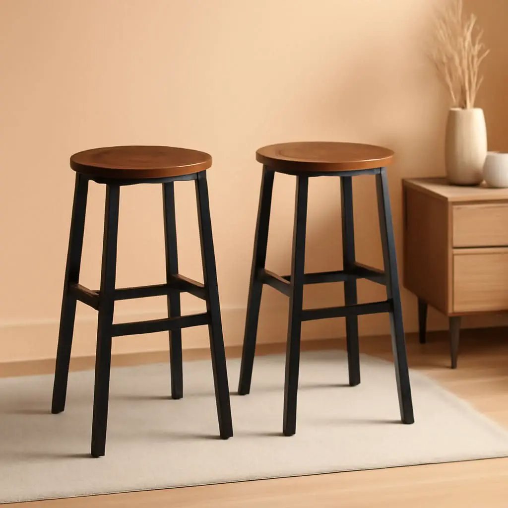 Round Bar Stools Set of 2 With Footrest 24.4 Inch Industrial Rustic Brown from PriceLows™