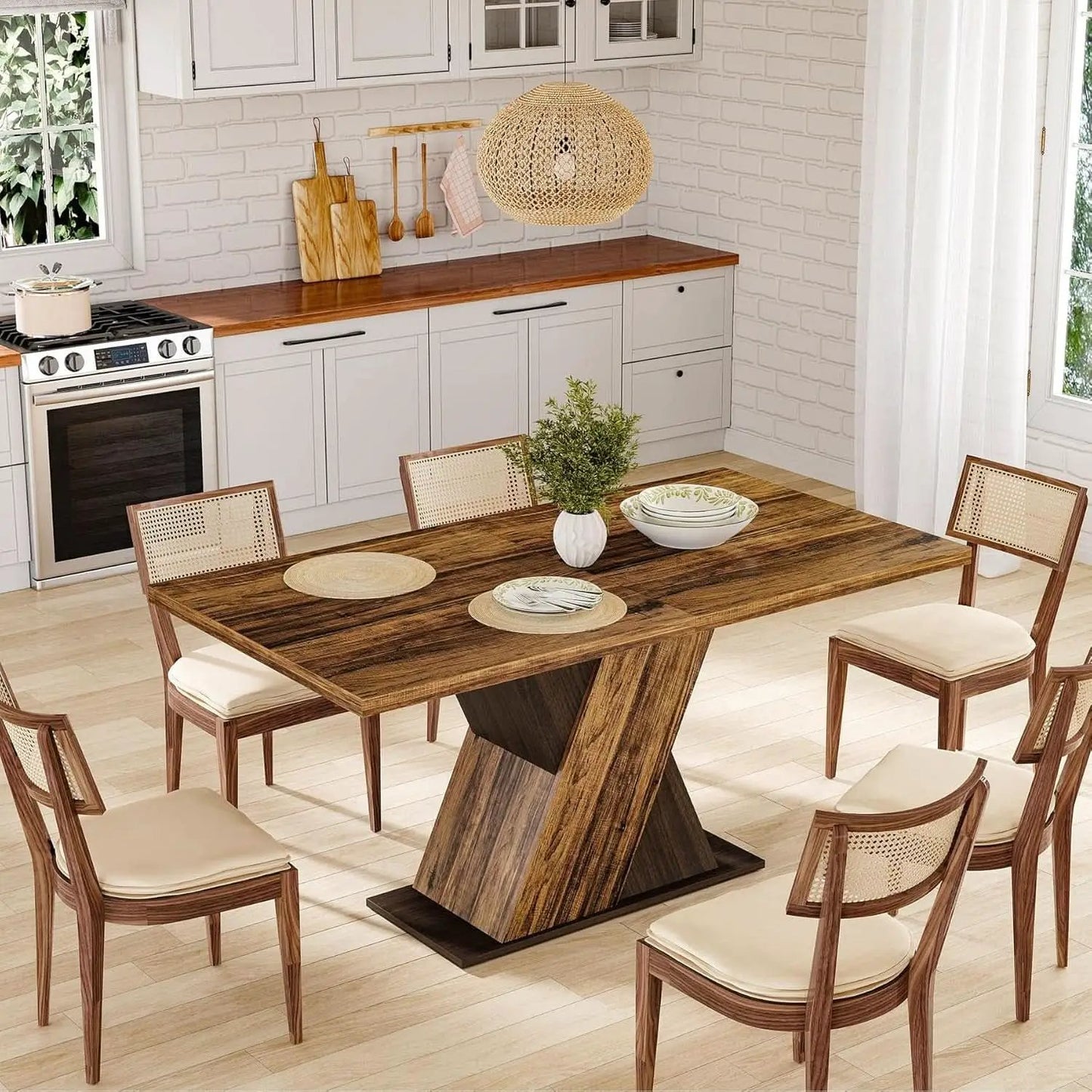 55 Inch Walnut Solid Industrial Dining Table Seats Six from PriceLows™