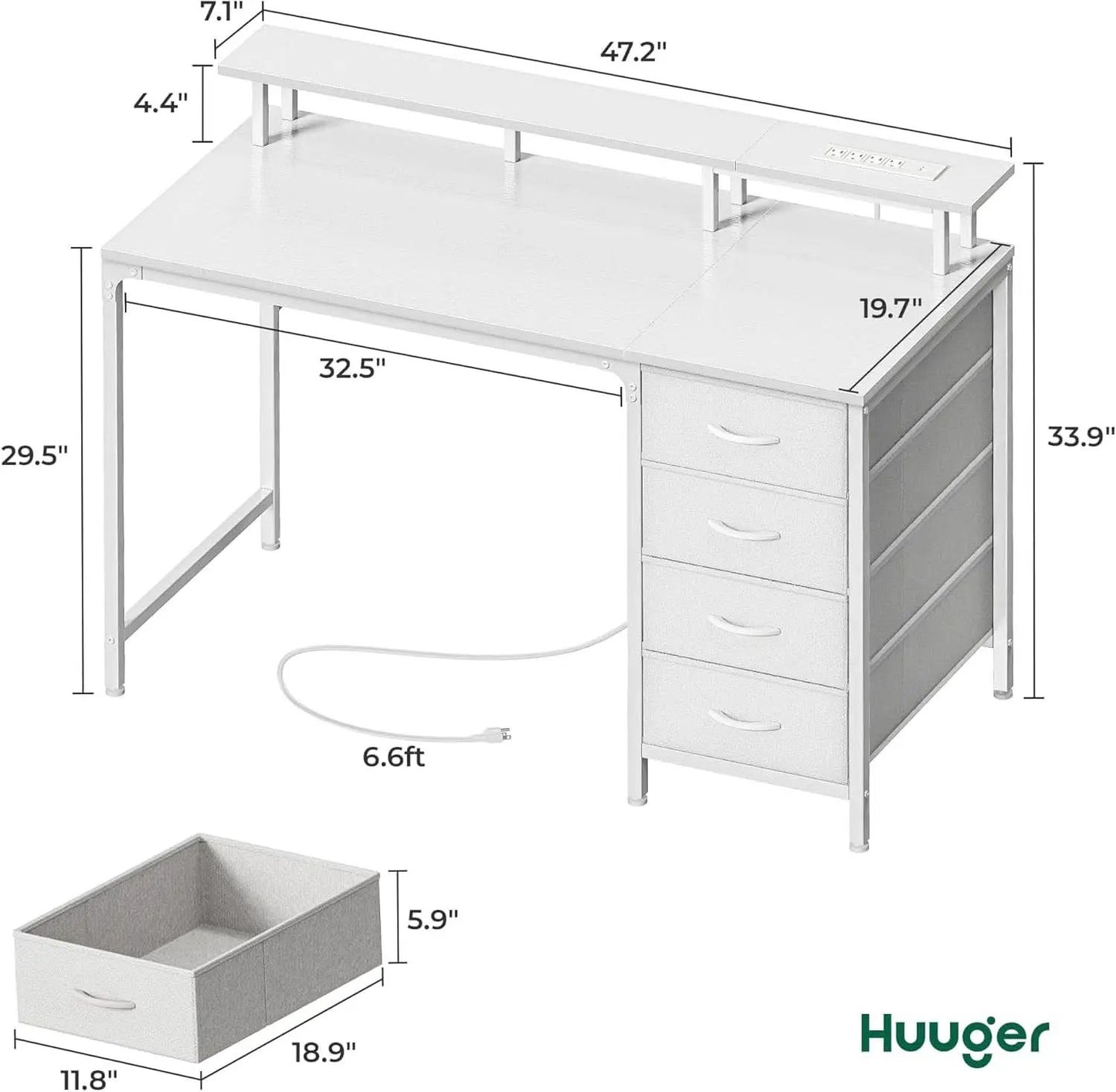 47 Inch LED Gaming Desk With Power Outlets White Drawers from PriceLows™