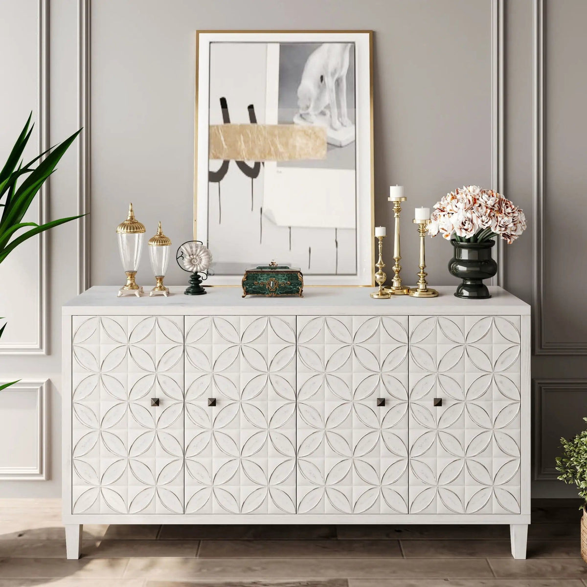 Accent Cabinet 4 Door Wooden Cabinet Sideboard Buffet Server Cabinet Storage | 59.84 x 15.75 x 31.5 in | Mdf | Dining Room