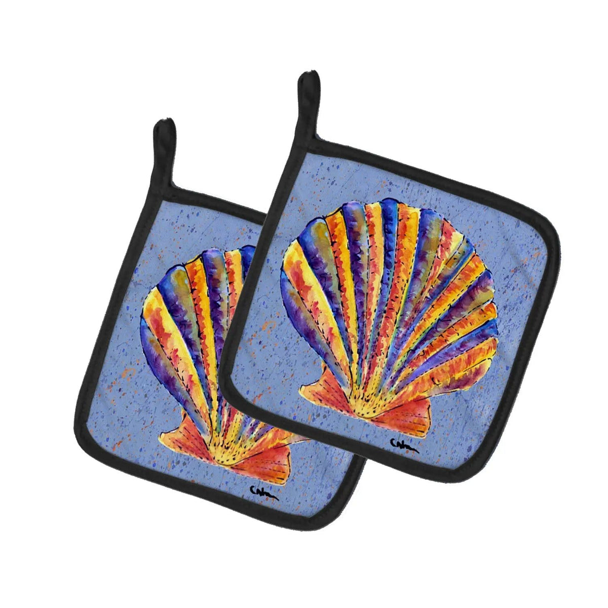 Pot Holder Set of 2 | Heat Resistant Quilted Hot Pads | 7.5 x 7.5 Inch | Scalloped Shell on Blue