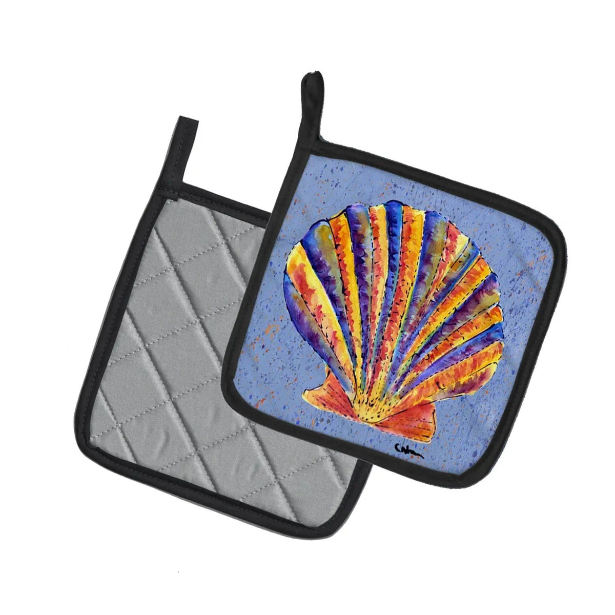 Pot Holder Set of 2 | Heat Resistant Quilted Hot Pads | 7.5 x 7.5 Inch | Scalloped Shell on Blue