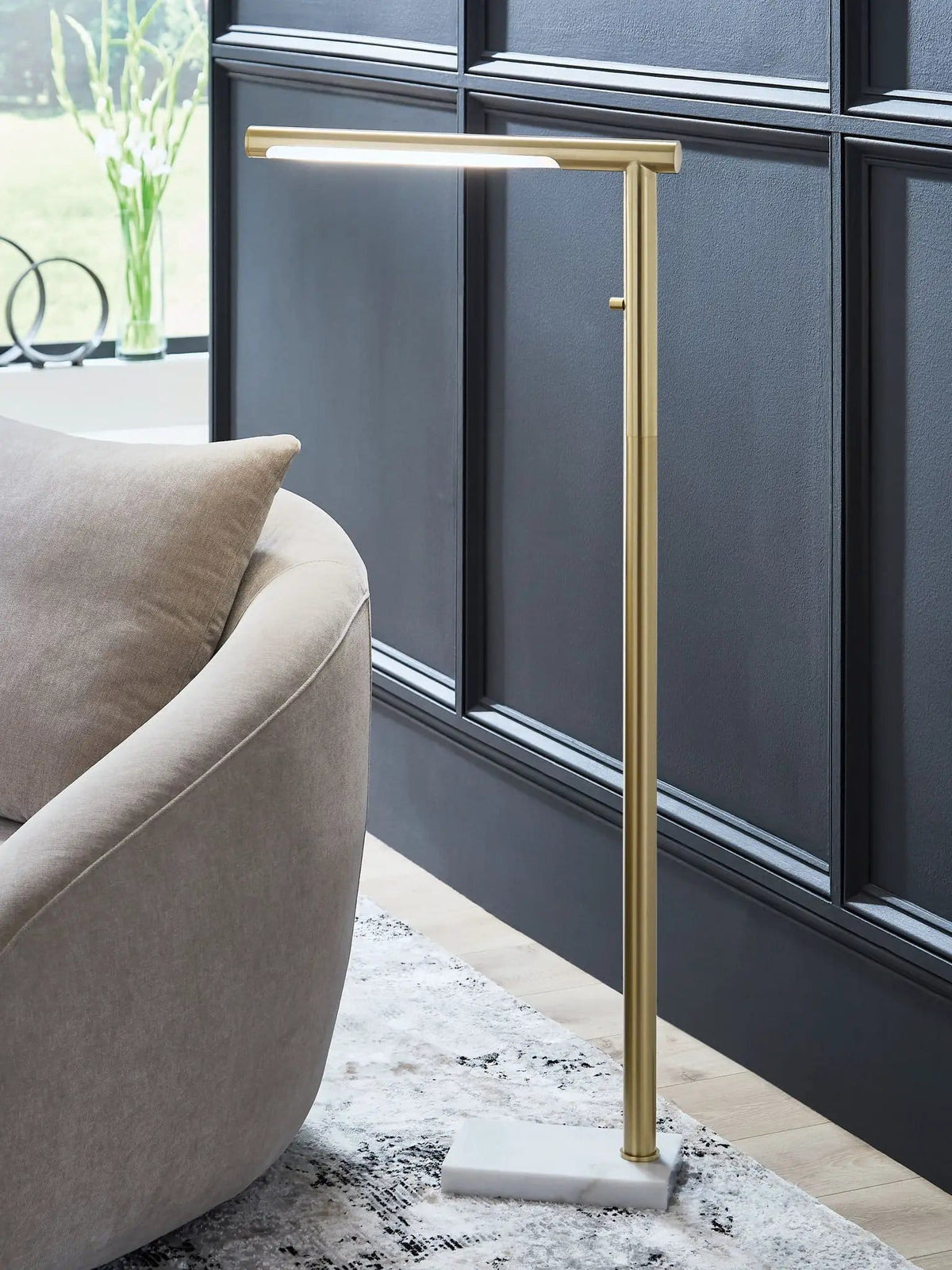 Santiford Metal Floor Lamp | 19.63 x 6 x 46 in | Marble & Metal | Gold Finish / White