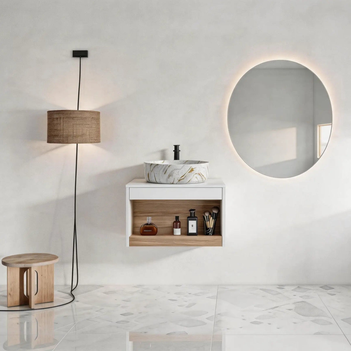 Floating Bathroom Vanity | Wall Mounted | Ceramic Vessel Sink | White