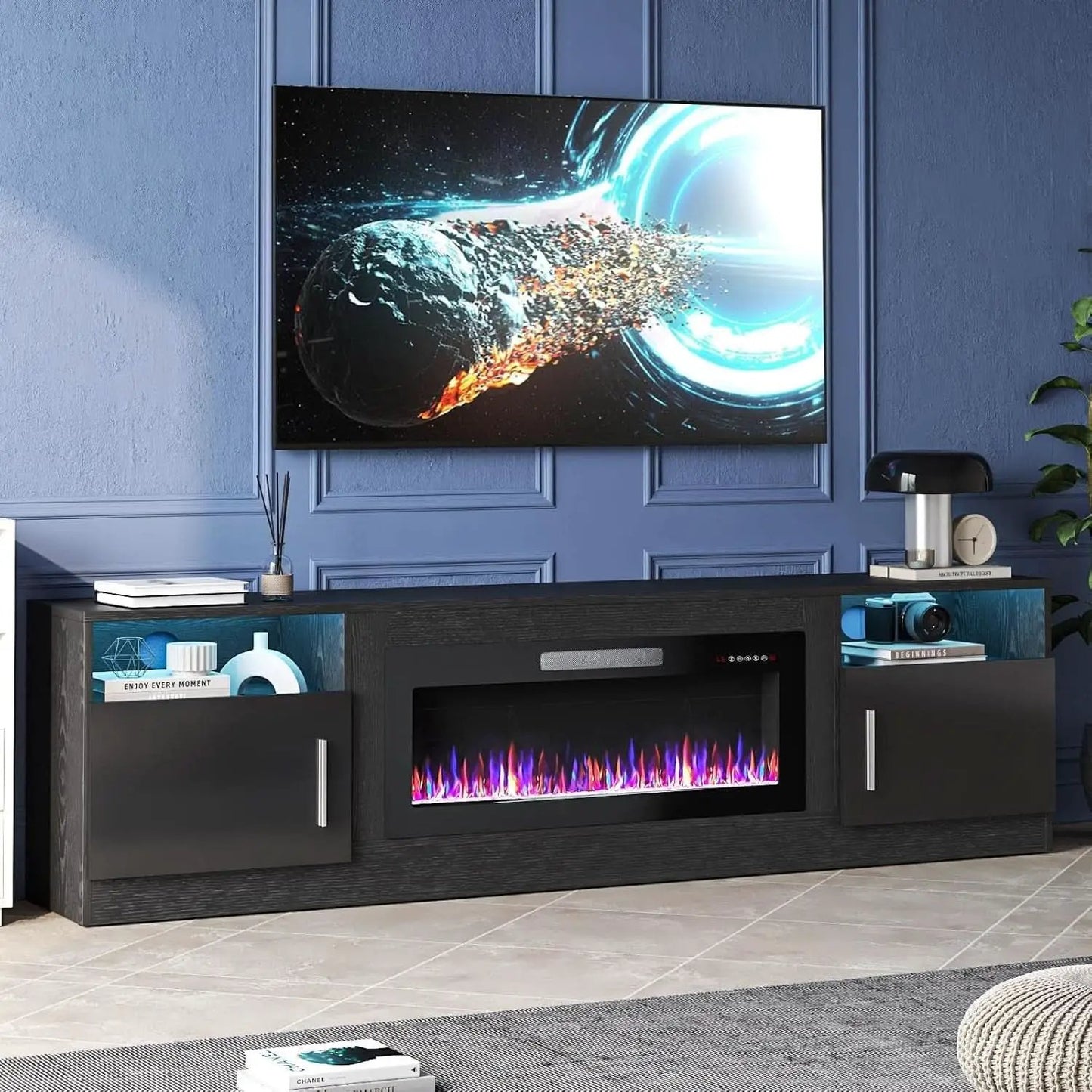 80 Inch TV Stand Electric Fireplace With LED Lighting Black from PriceLows™