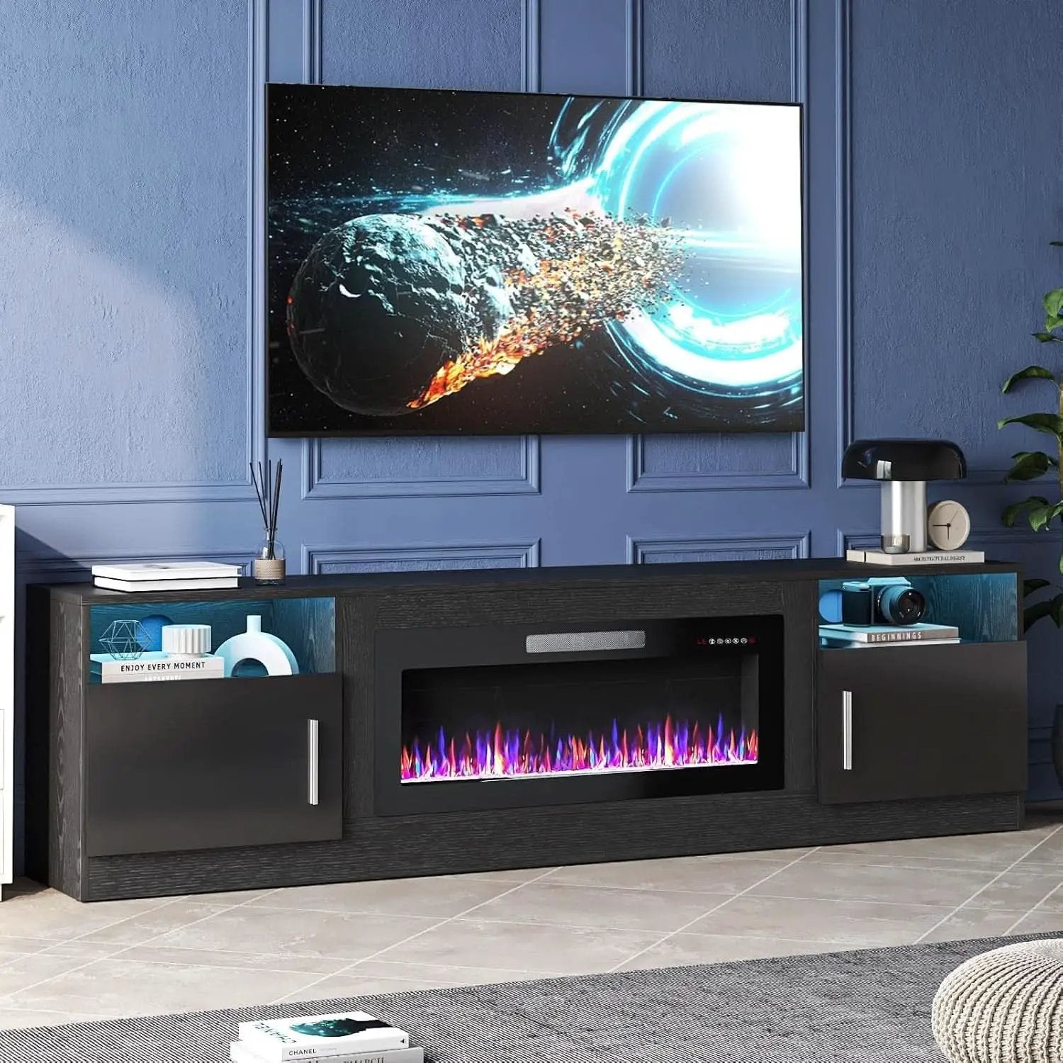 80 Inch TV Stand Electric Fireplace With LED Lighting Black from PriceLows™