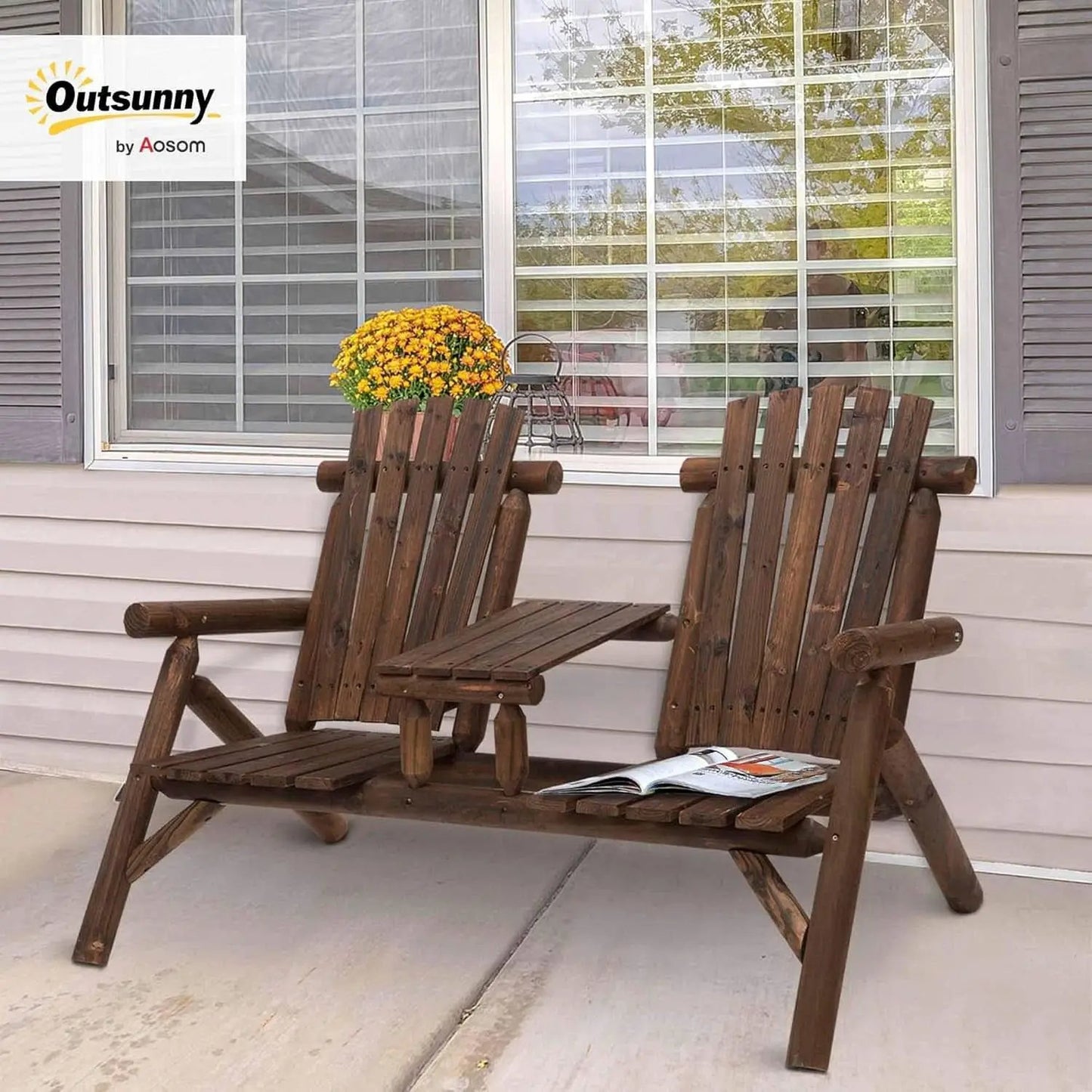 Two-Seat Wooden Adirondack Chair With Integrated Table from PriceLows™