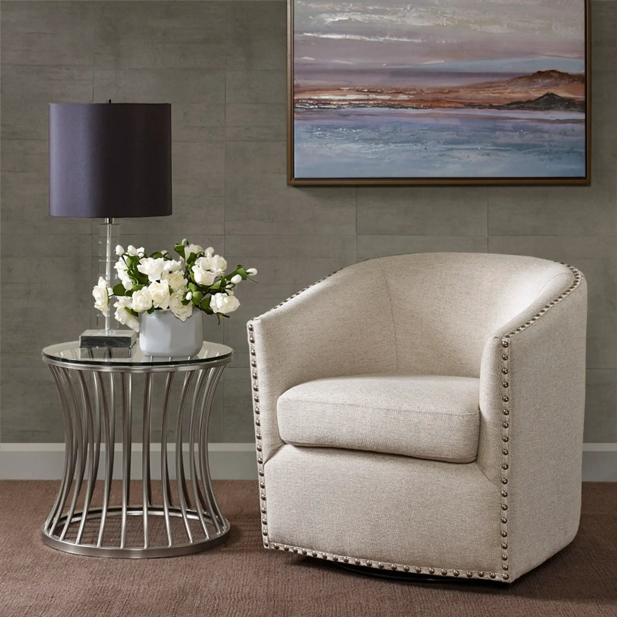 Swivel Chair With 360 Degree Rotation | Silver Nailhead Accents | Metal Base | High-Density Foam Cushion